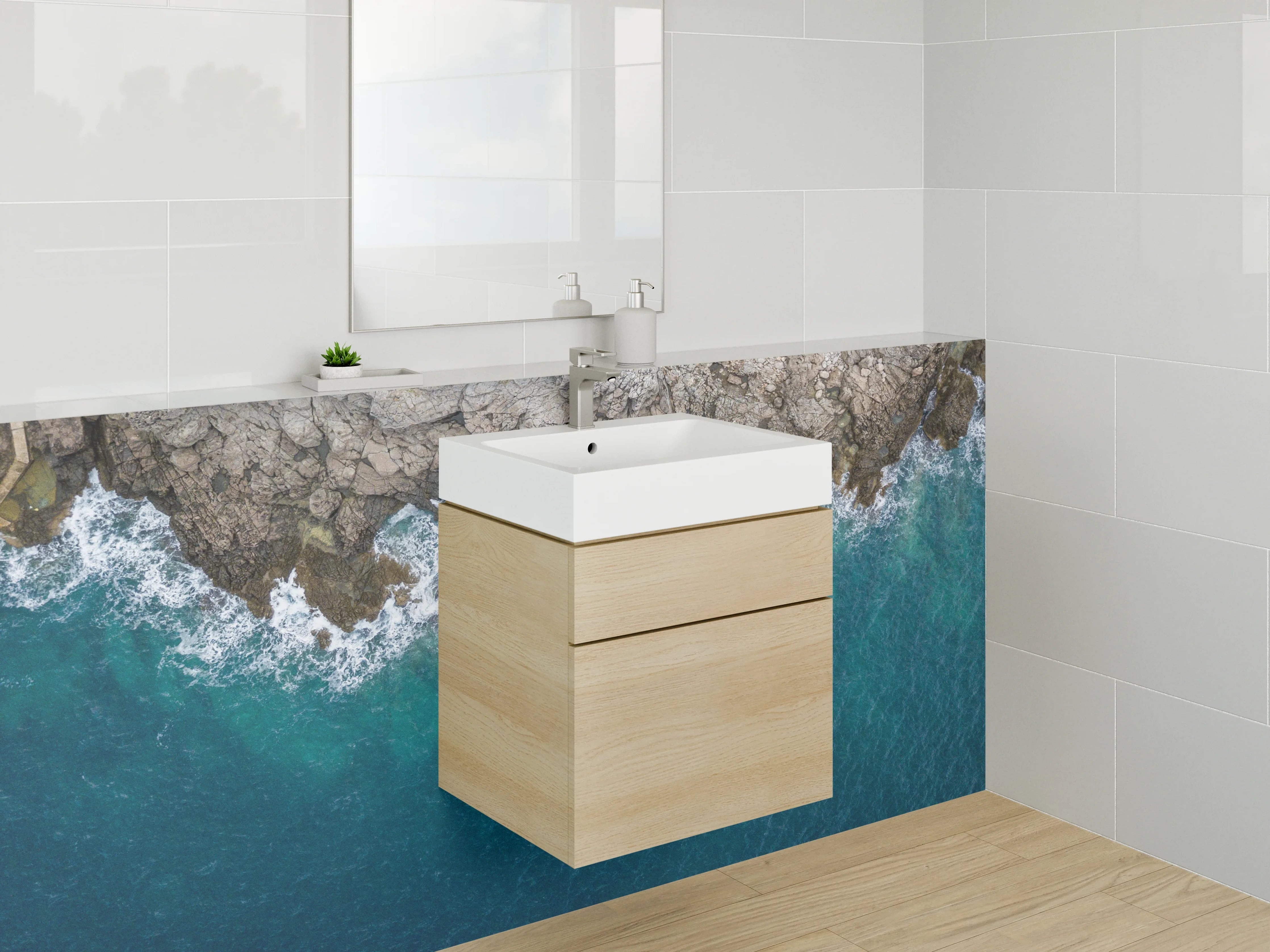 Waschbecken-Rückwand - Küstenlinie mit Felsen und Meer