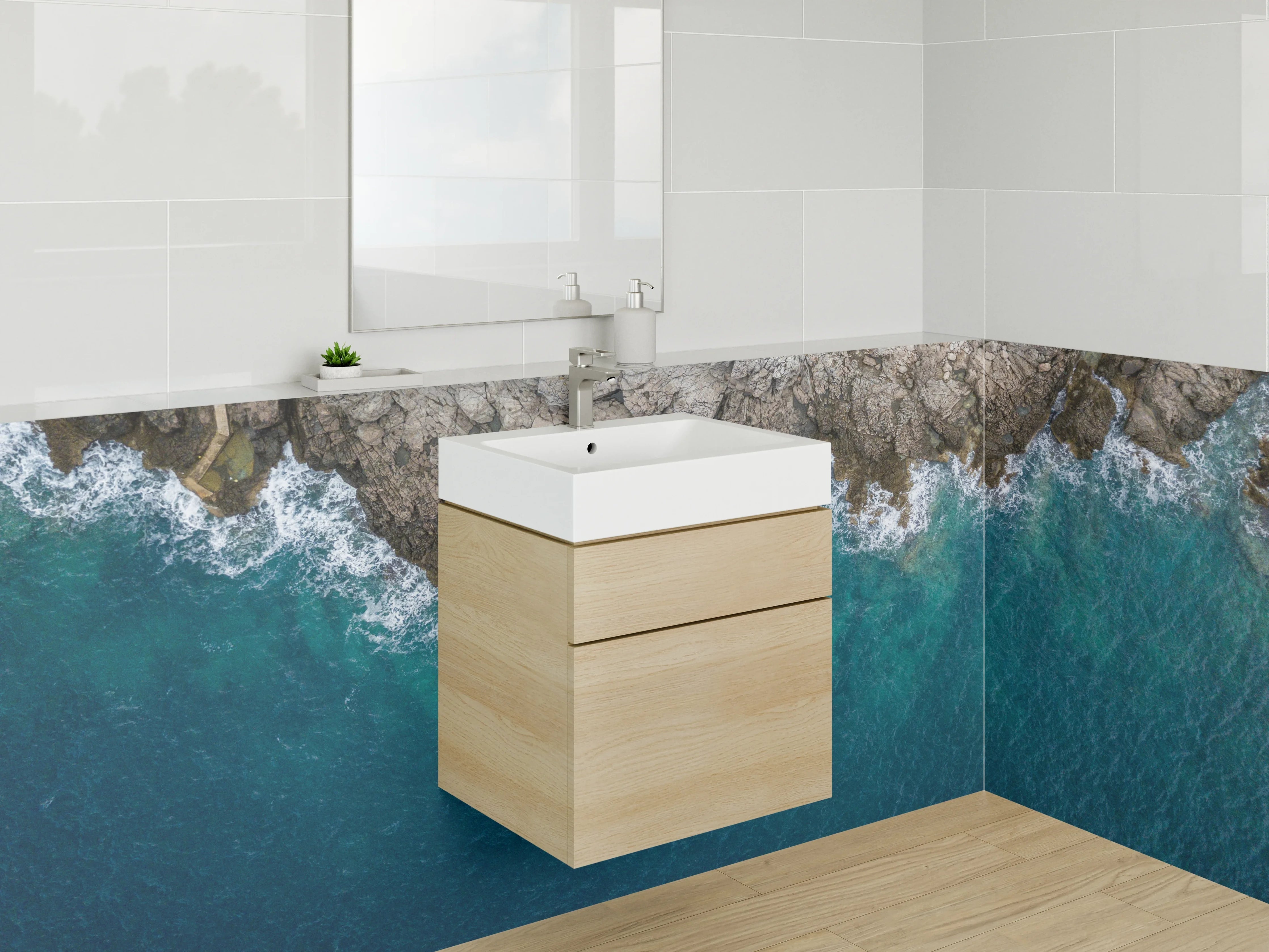 Waschbecken-Rückwand - Küstenlinie mit Felsen und Meer