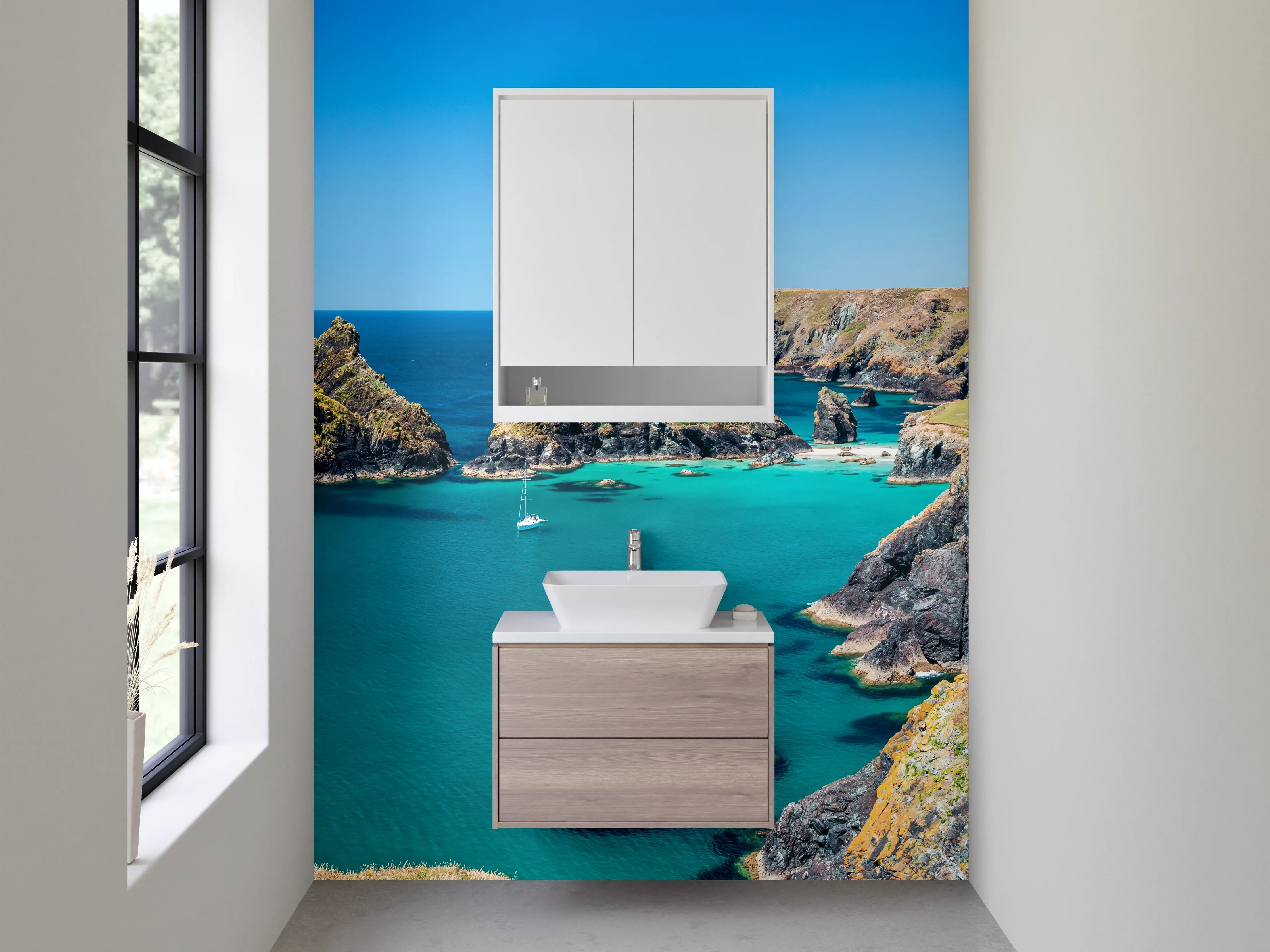 Waschbecken-Rückwand - Küstenpanorama mit türkisblauem Meer