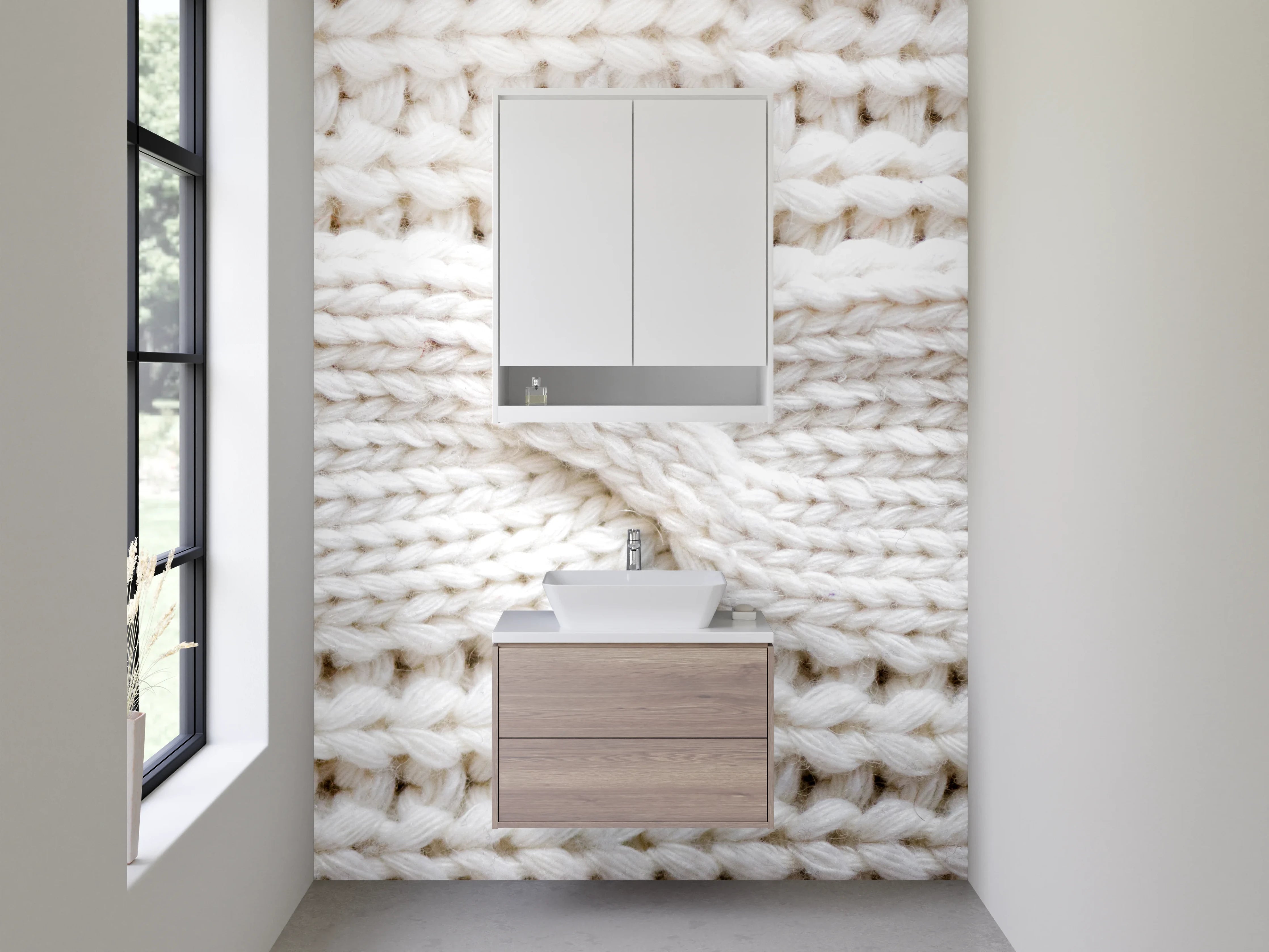 Waschbecken-Rückwand - Kunstvolle Strickmuster in Beige und Weiß