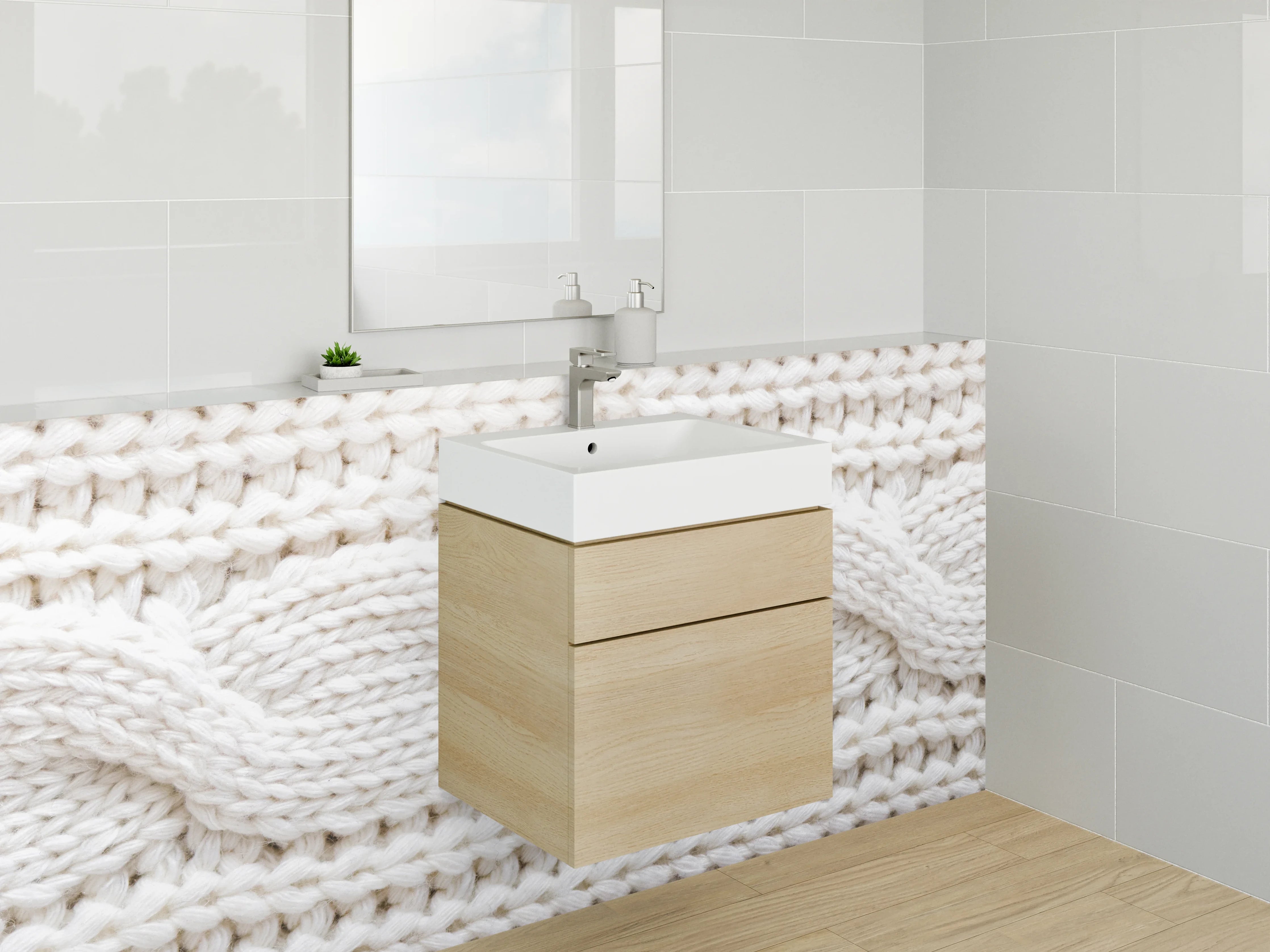 Waschbecken-Rückwand - Kunstvolle Strickmuster in Beige und Weiß