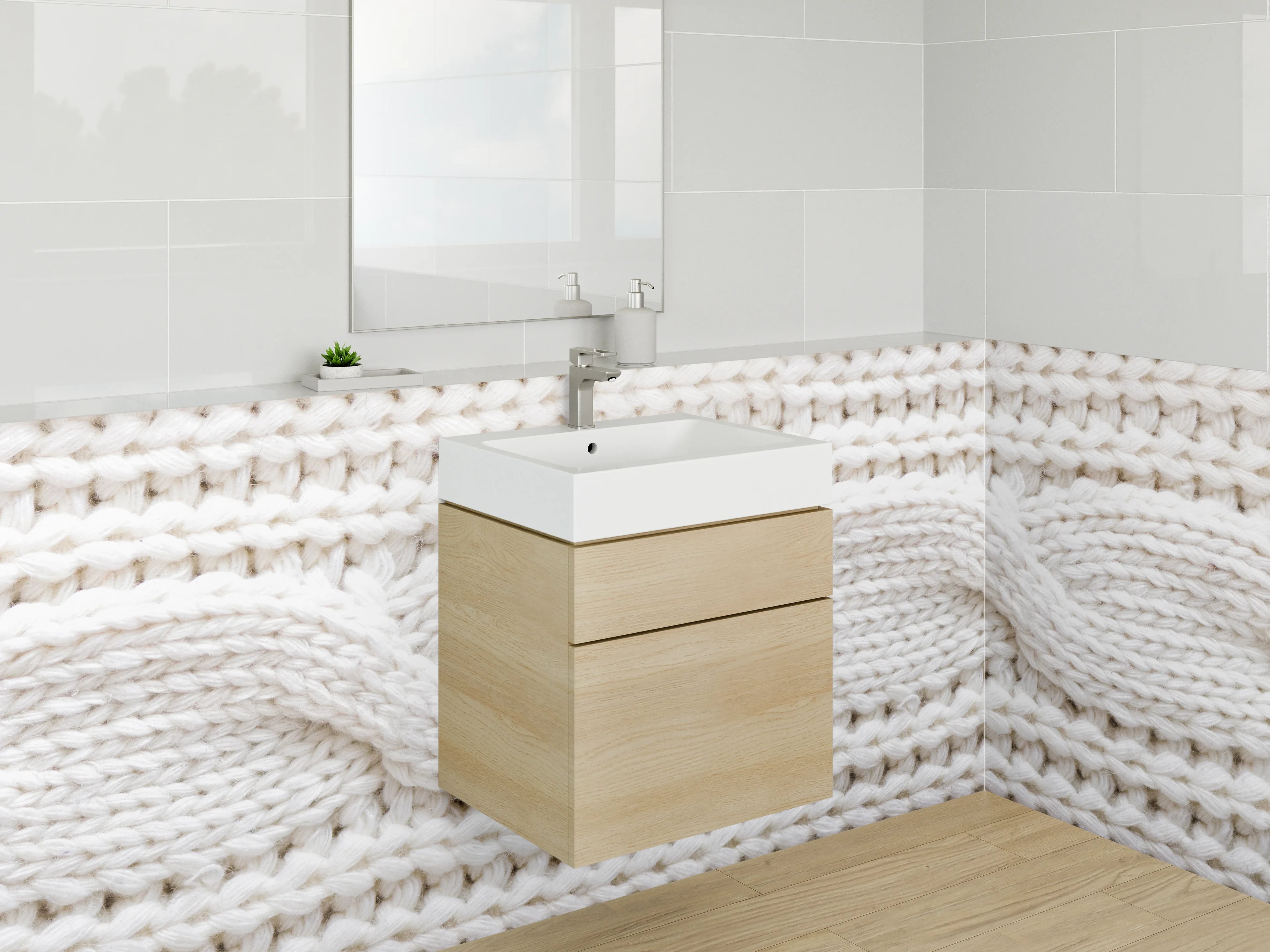 Waschbecken-Rückwand - Kunstvolle Strickmuster in Beige und Weiß