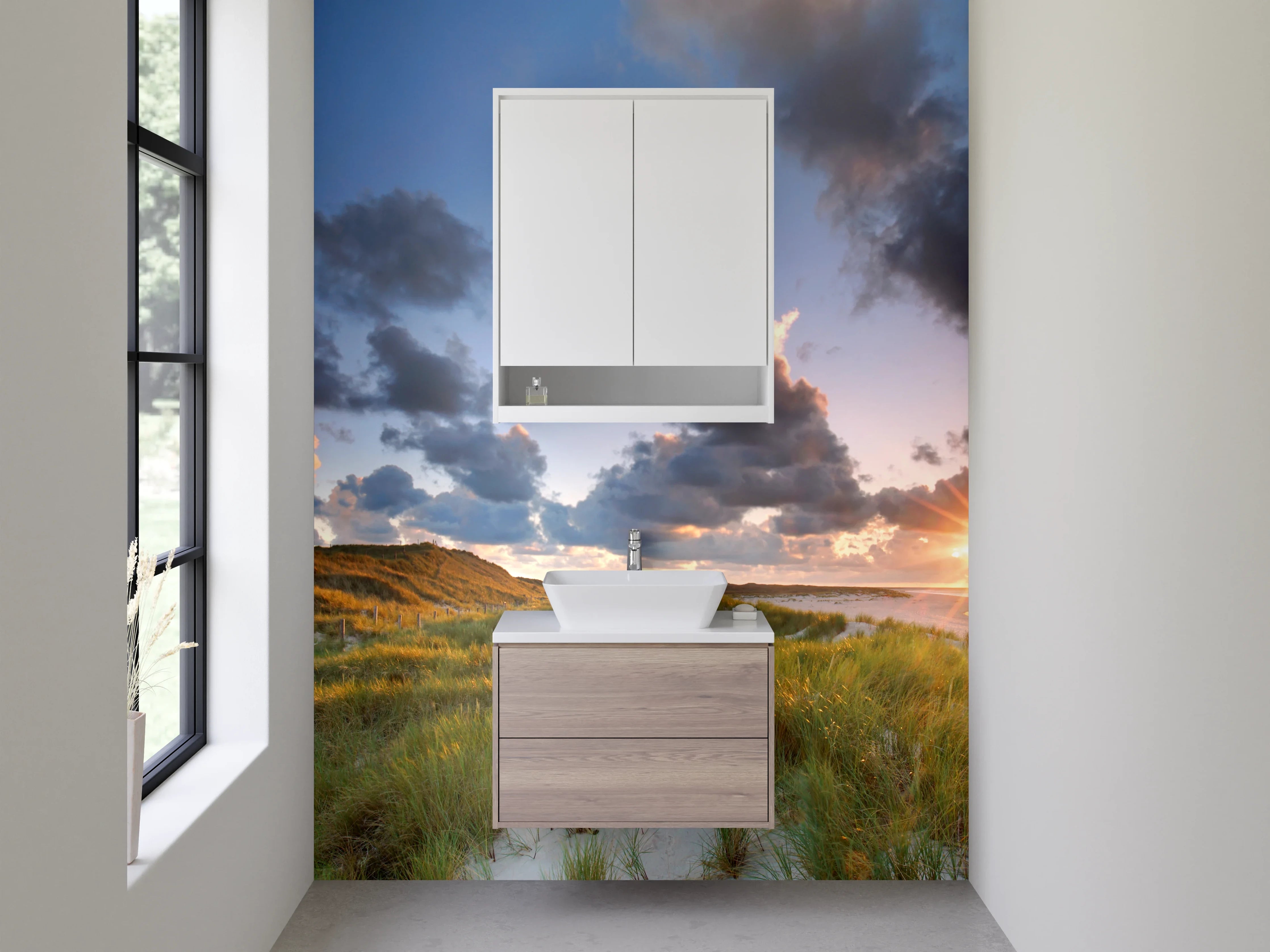 Waschbecken-Rückwand - Landschaft mit Leuchtturm und Sonnenstrahlen