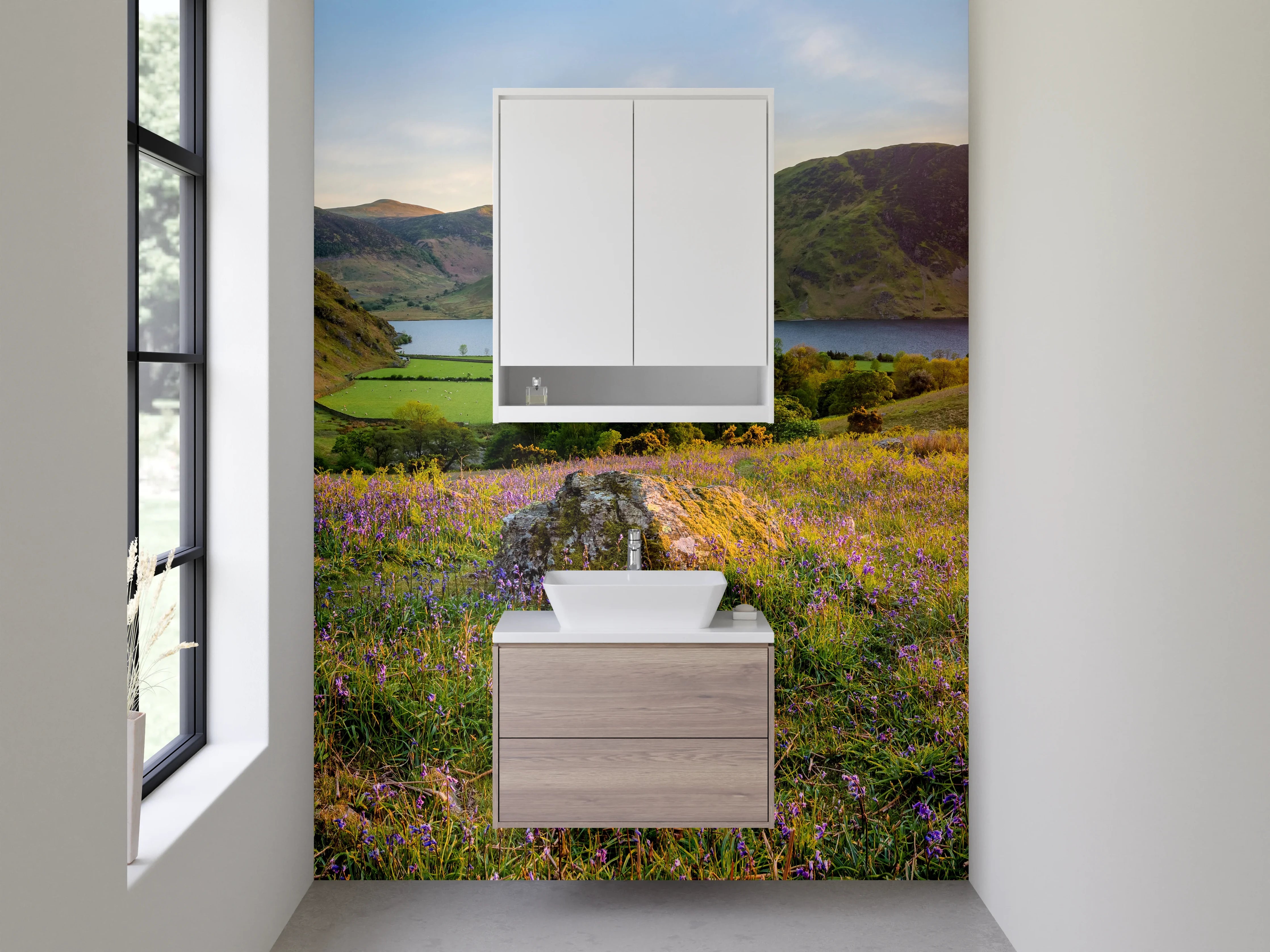 Waschbecken-Rückwand - Landschaft mit blühendem Feld und Bergen bei Sonnenuntergang