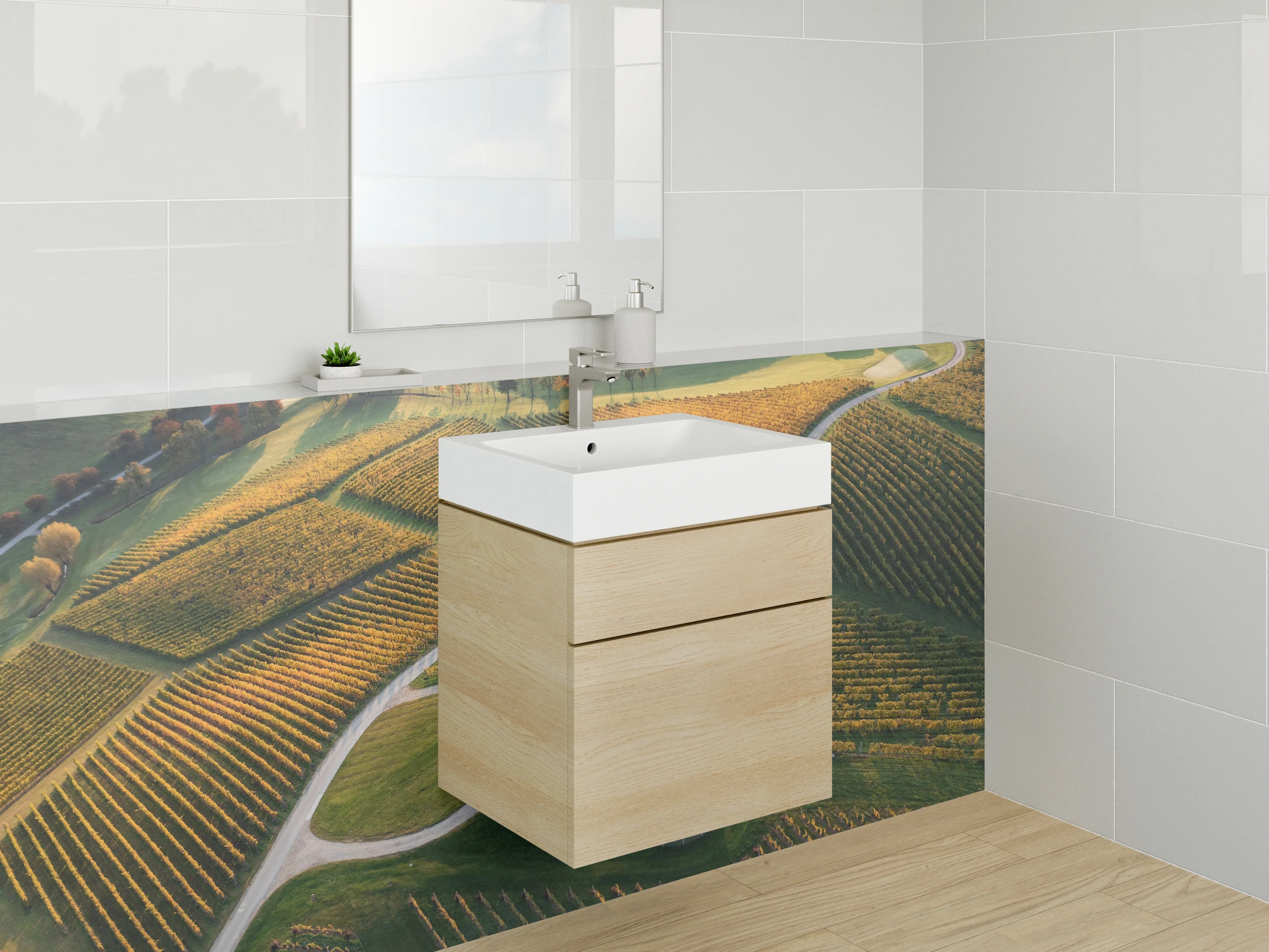 Waschbecken-Rückwand - Landschaftliche Weinberge mit Haus – Panorama