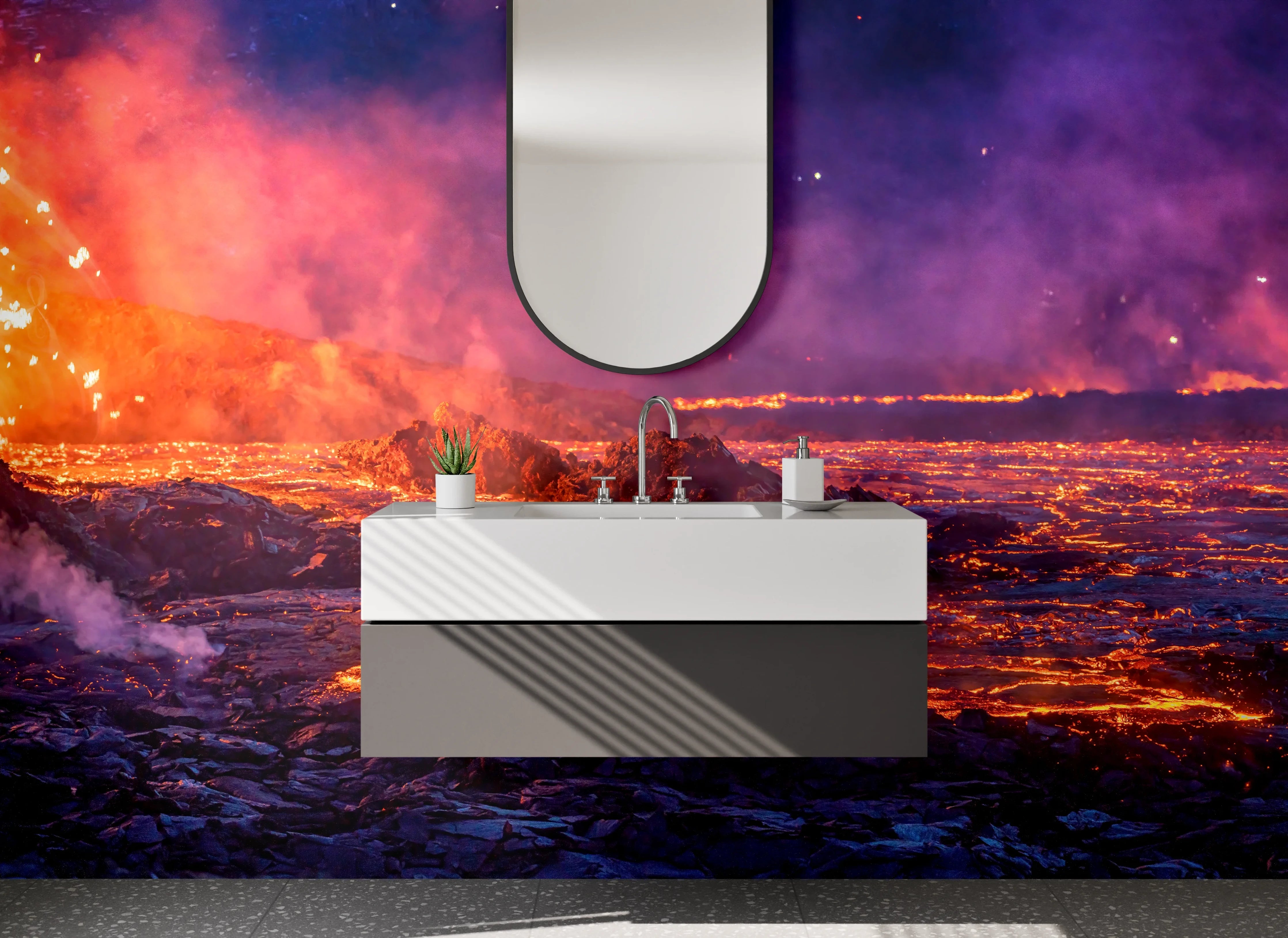 Waschbecken-Rückwand - Lavafluss – Magmatische Landschaft Kunst
