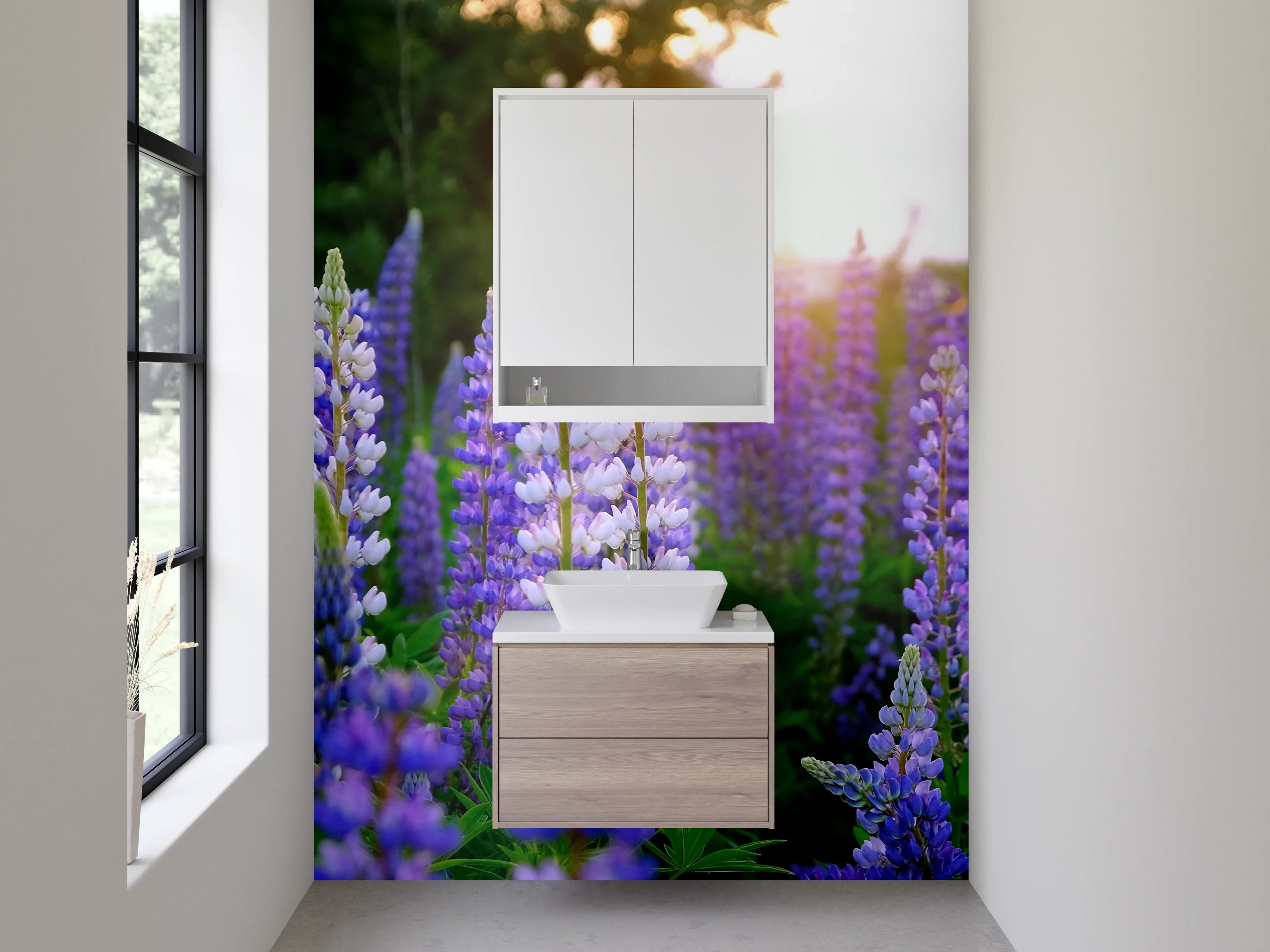 Waschbecken-Rückwand - Lavendel Lupinen im Sonnenuntergang