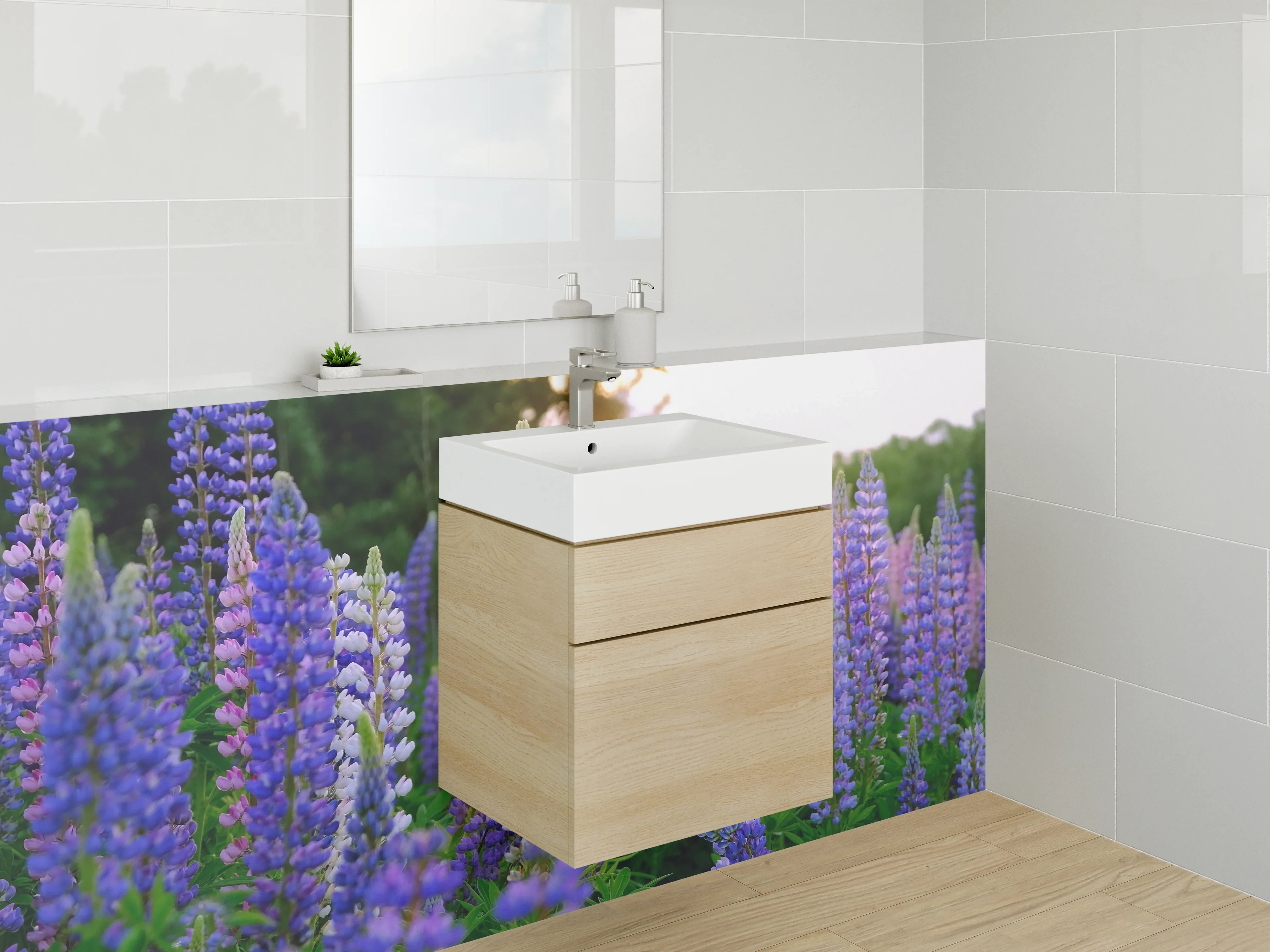 Waschbecken-Rückwand - Lavendel Lupinen im Sonnenuntergang