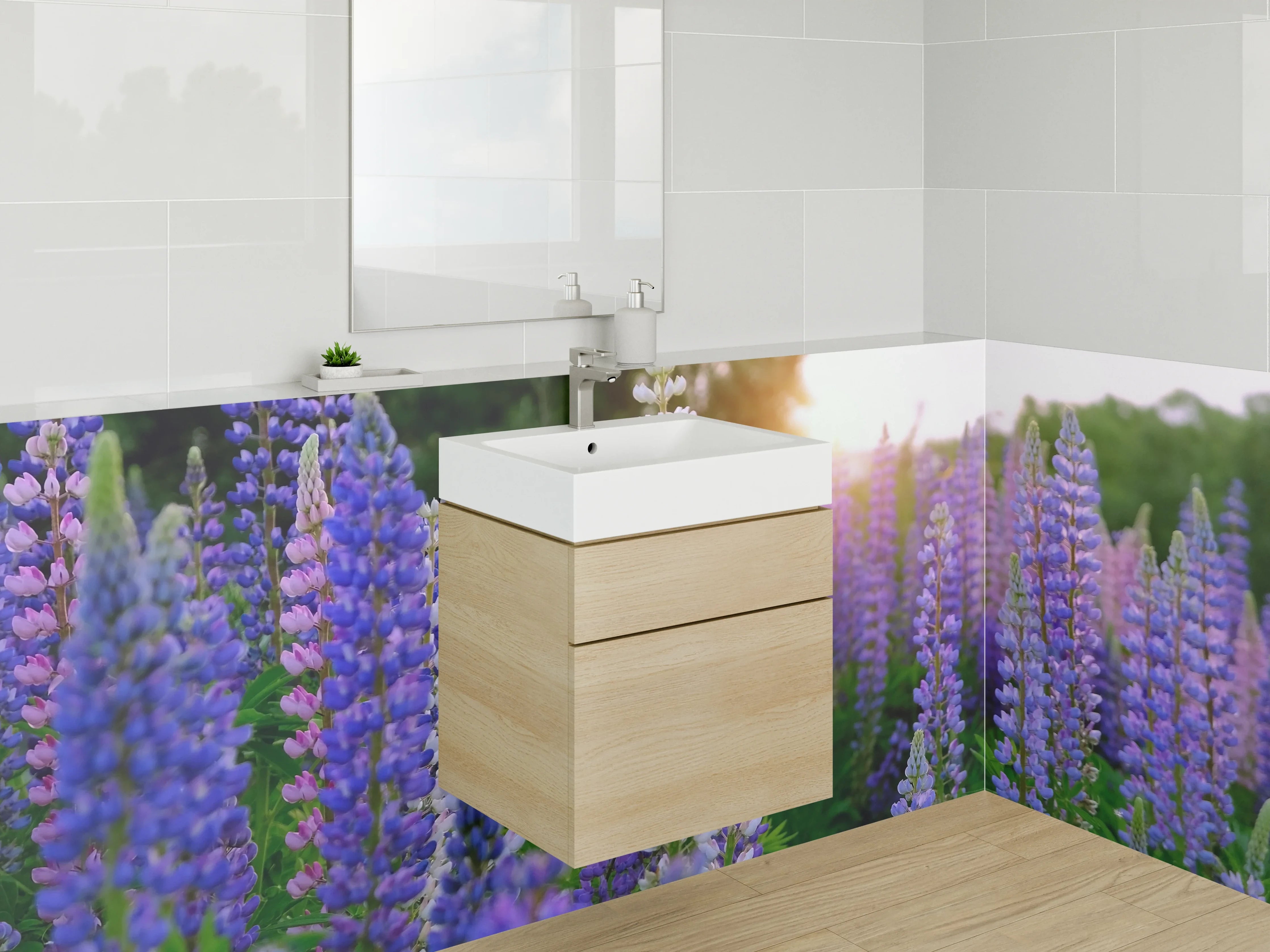 Waschbecken-Rückwand - Lavendel Lupinen im Sonnenuntergang