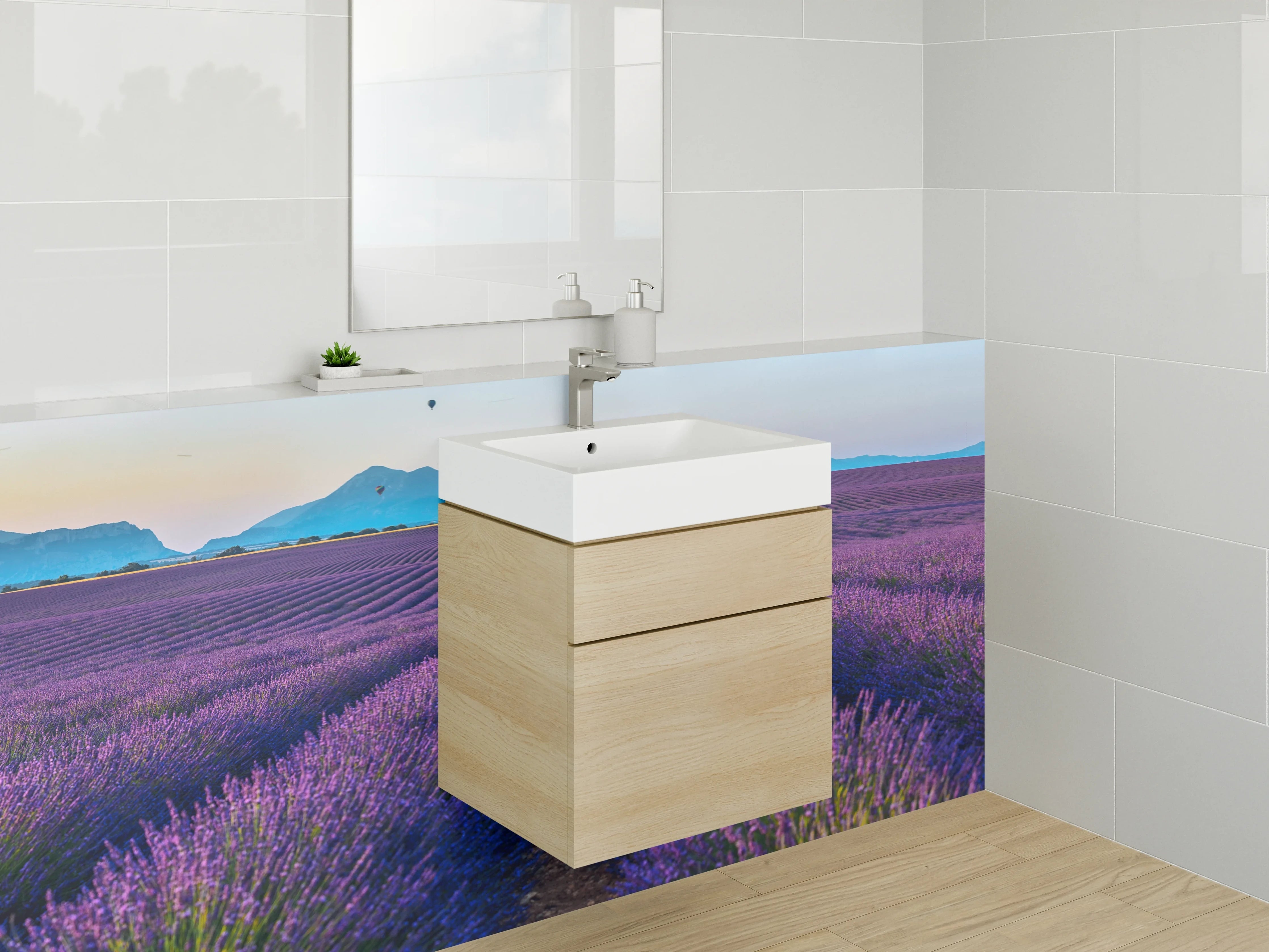 Waschbecken-Rückwand - Lavendelfeld Provence mit Berghütte