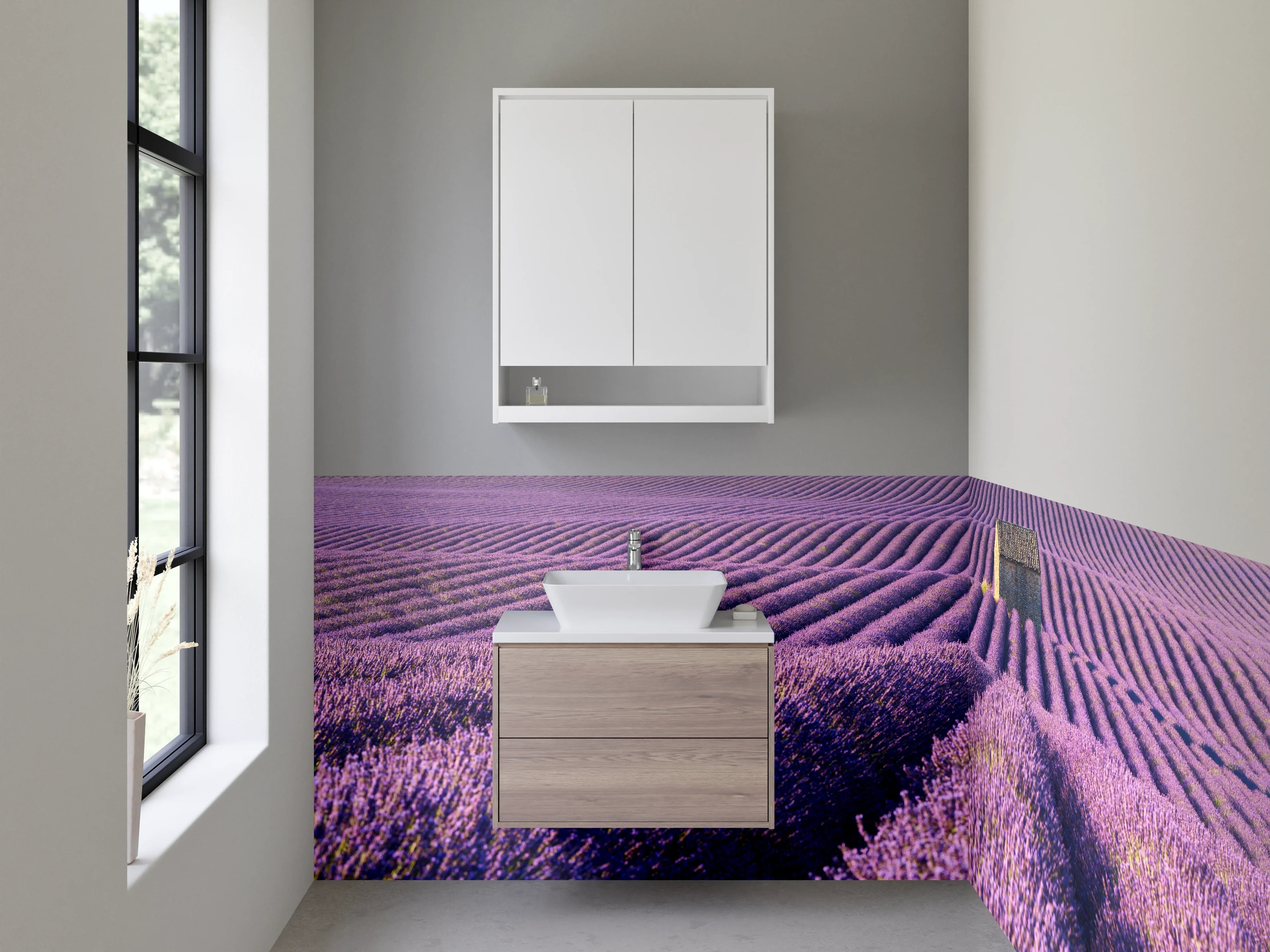 Waschbecken-Rückwand - Lavendelfeld Provence mit Bergpanorama