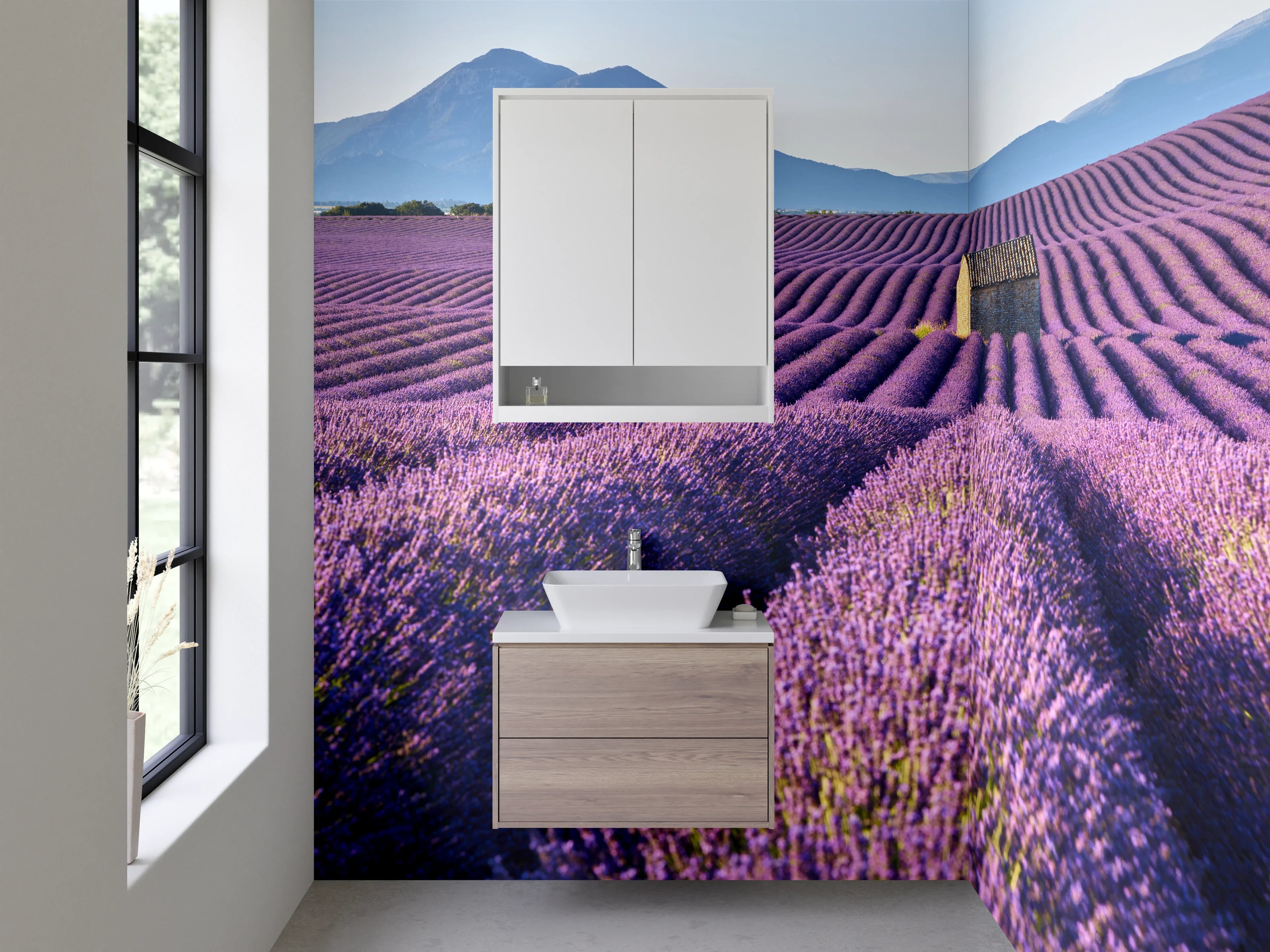 Waschbecken-Rückwand - Lavendelfeld Provence mit Bergpanorama