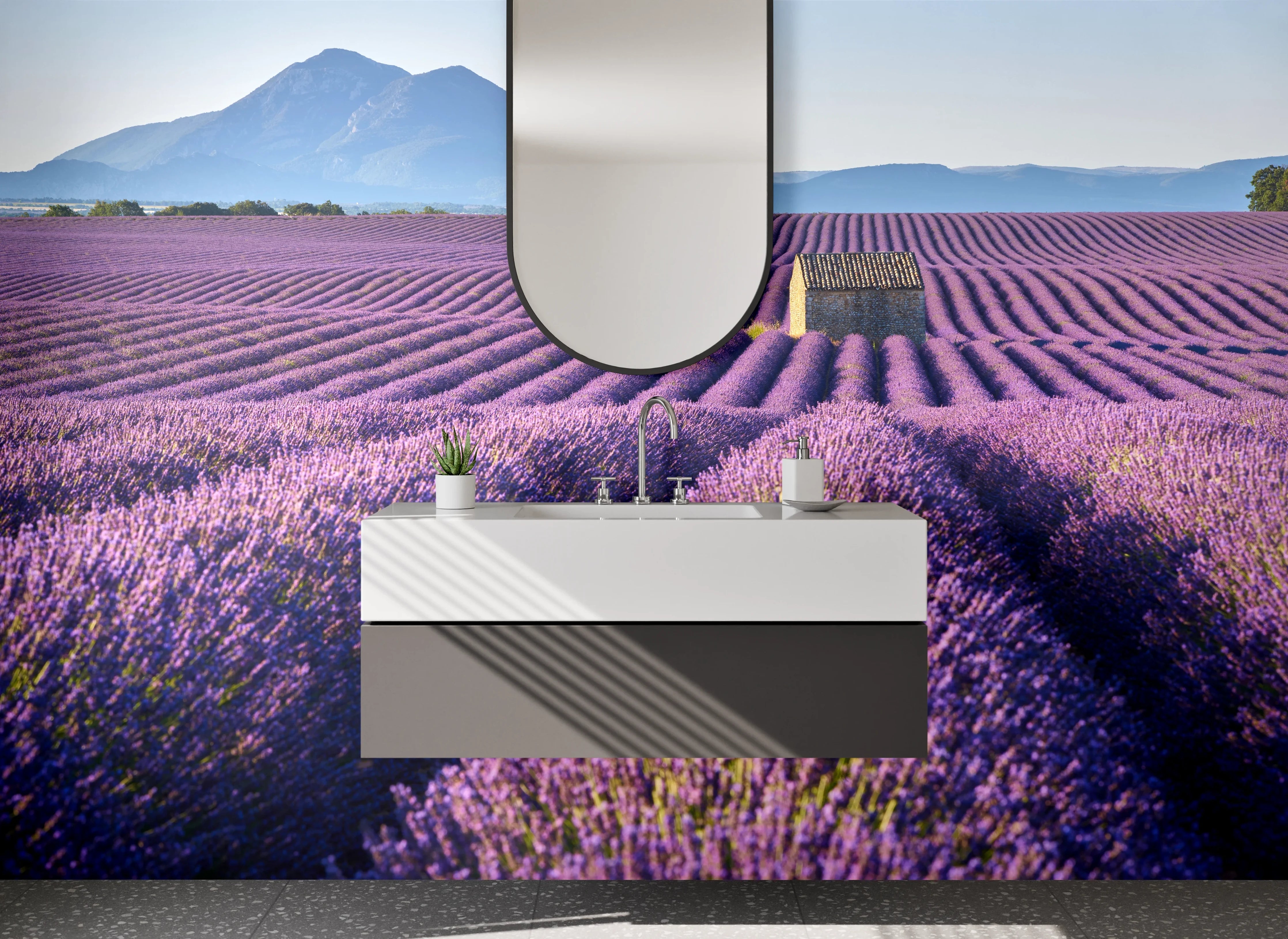 Waschbecken-Rückwand - Lavendelfeld Provence mit Bergpanorama