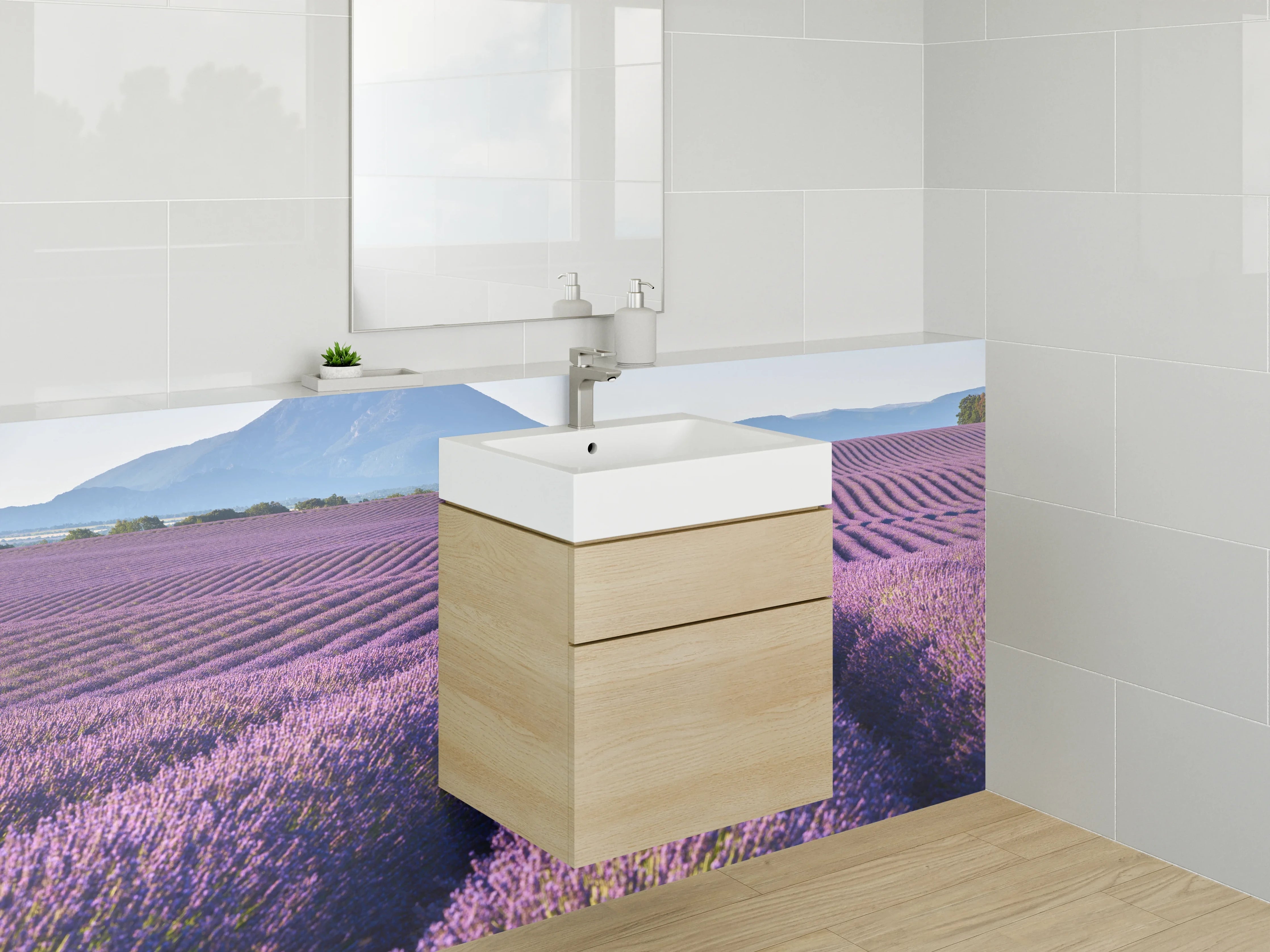 Waschbecken-Rückwand - Lavendelfeld Provence mit Bergpanorama