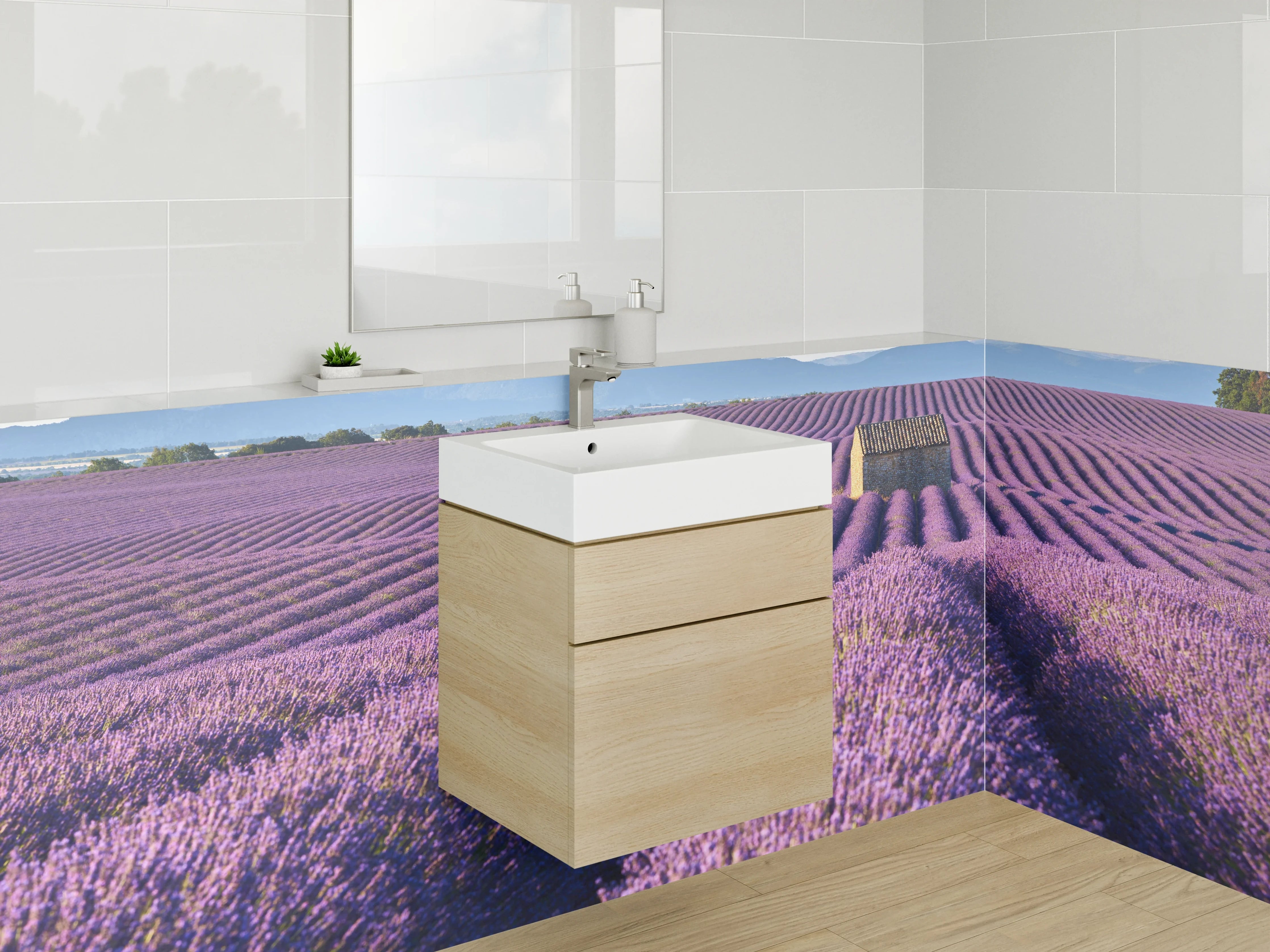 Waschbecken-Rückwand - Lavendelfeld Provence mit Bergpanorama