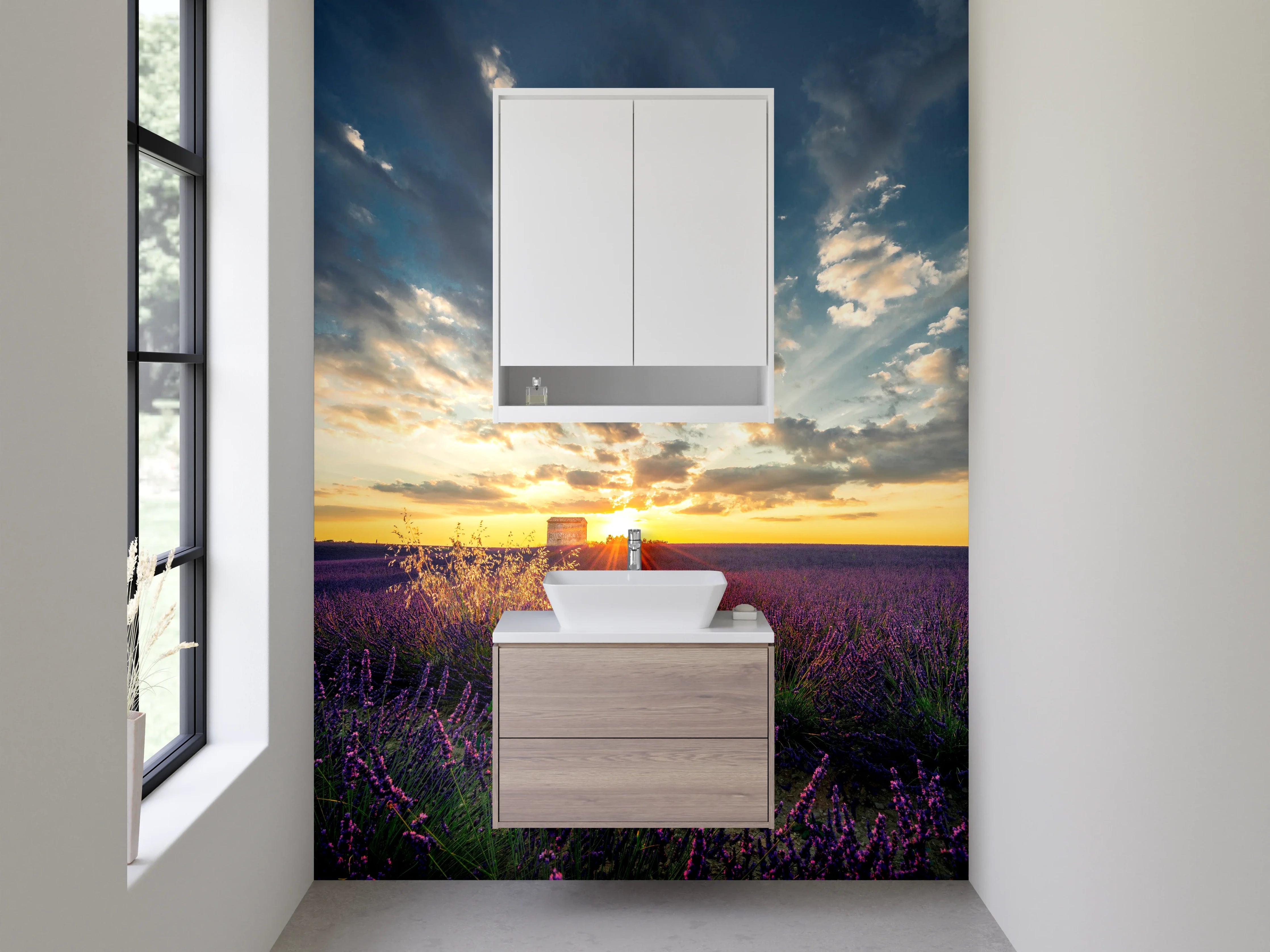Waschbecken-Rückwand - Lavendelfeld Sonnenuntergang Panoramabild