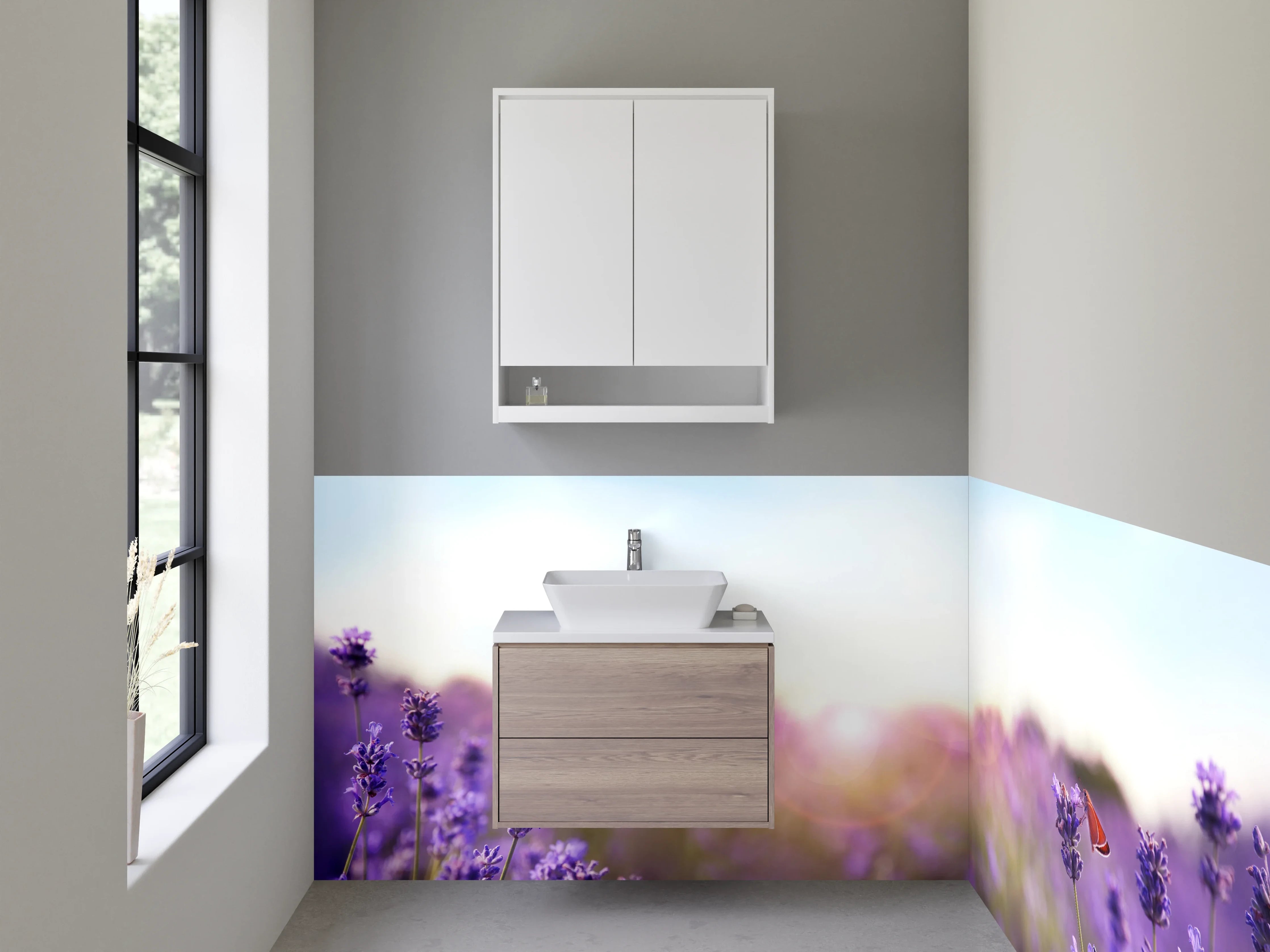 Waschbecken-Rückwand - Lavendelfeld im Sonnenaufgang Panorama