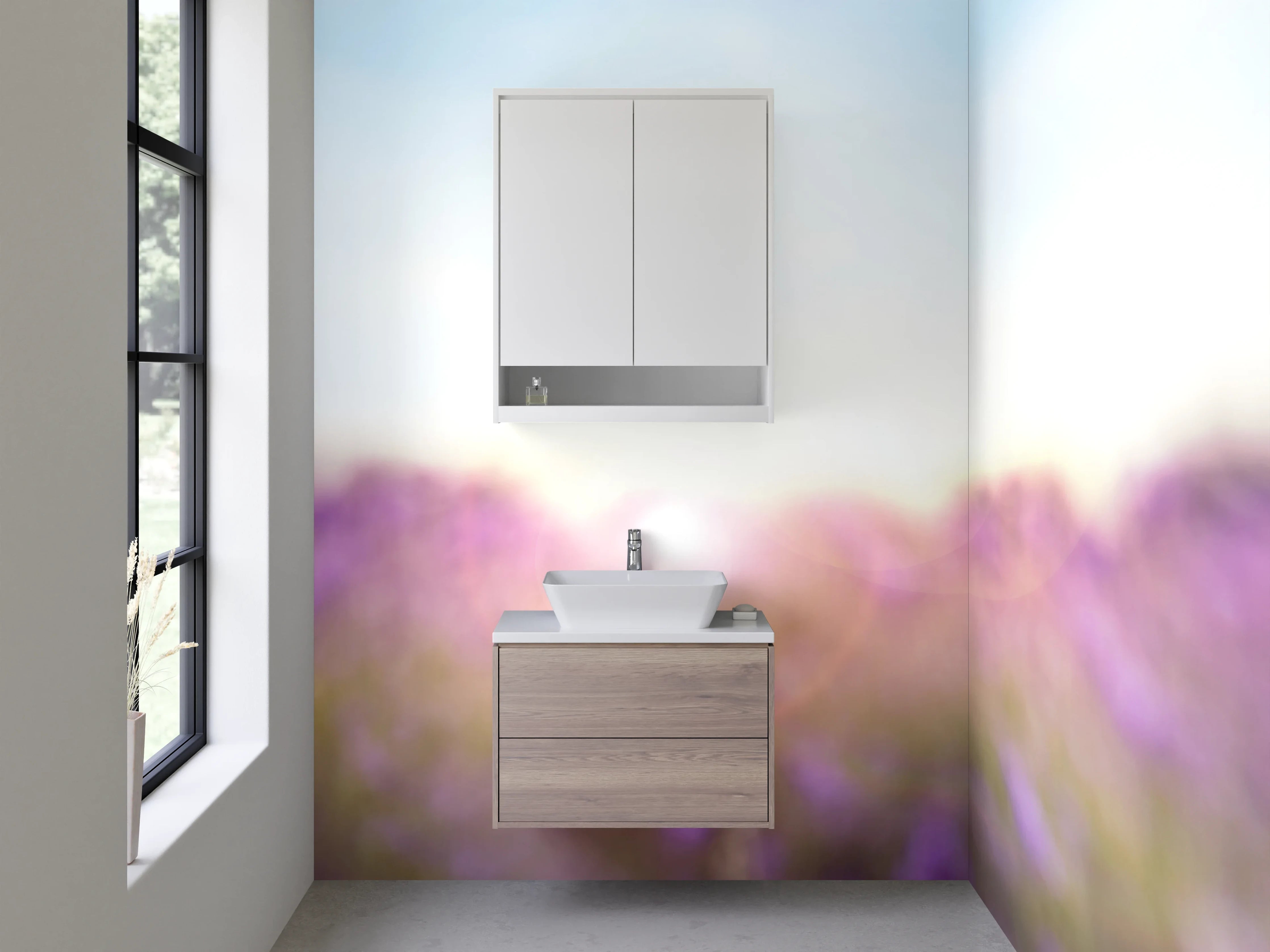 Waschbecken-Rückwand - Lavendelfeld im Sonnenaufgang Panorama