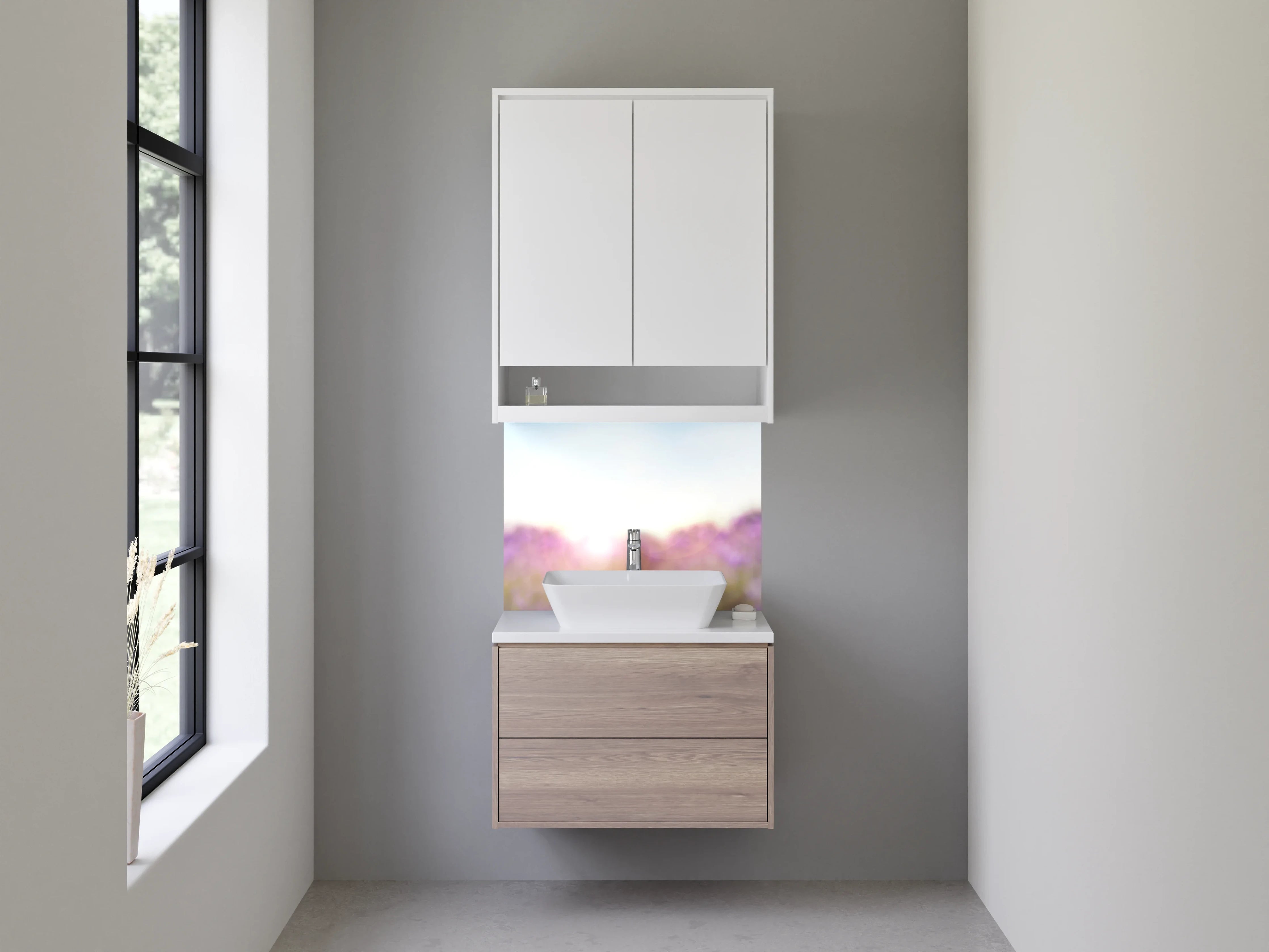 Waschbecken-Rückwand - Lavendelfeld im Sonnenaufgang Panorama