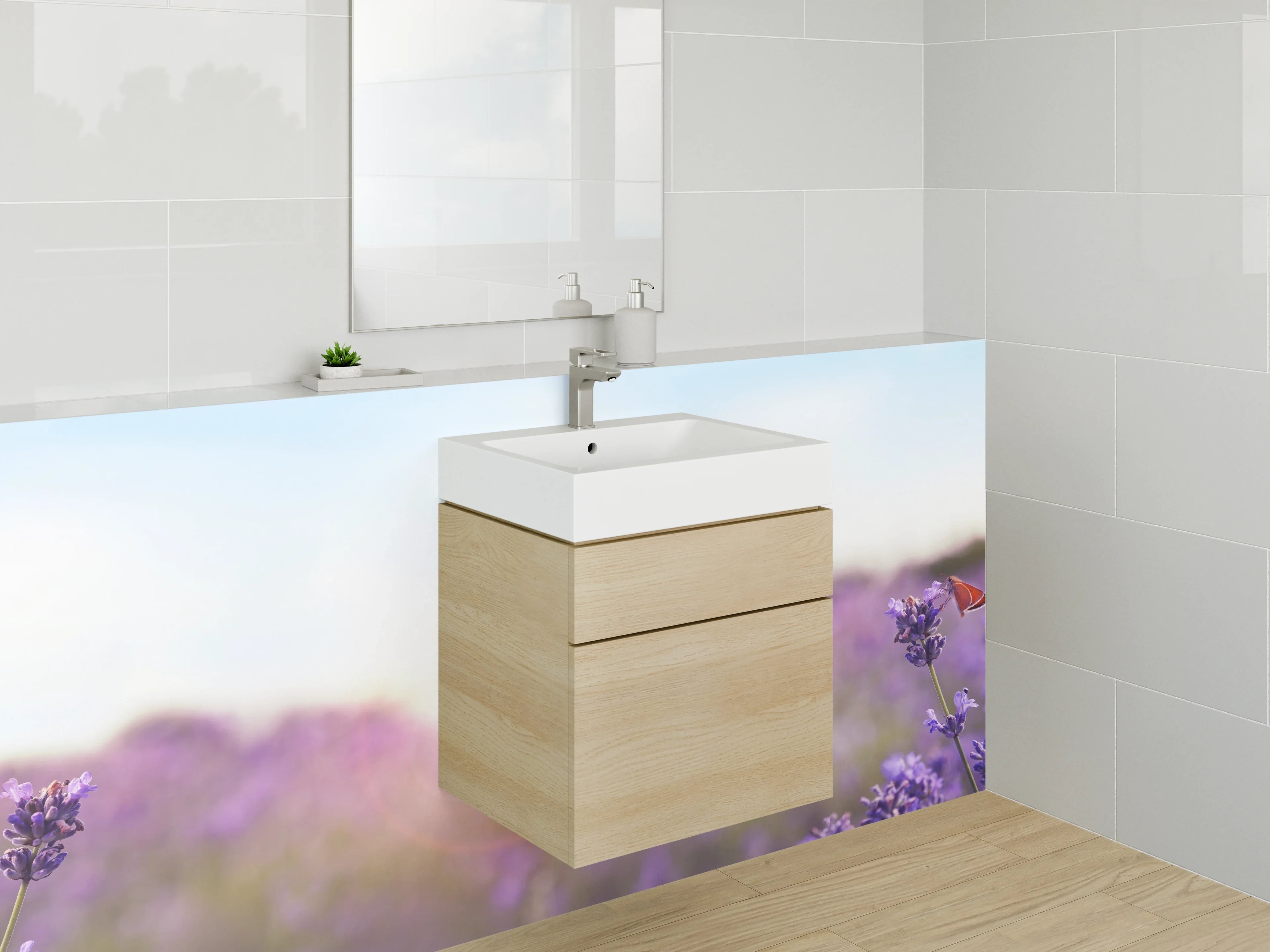 Waschbecken-Rückwand - Lavendelfeld im Sonnenaufgang Panorama