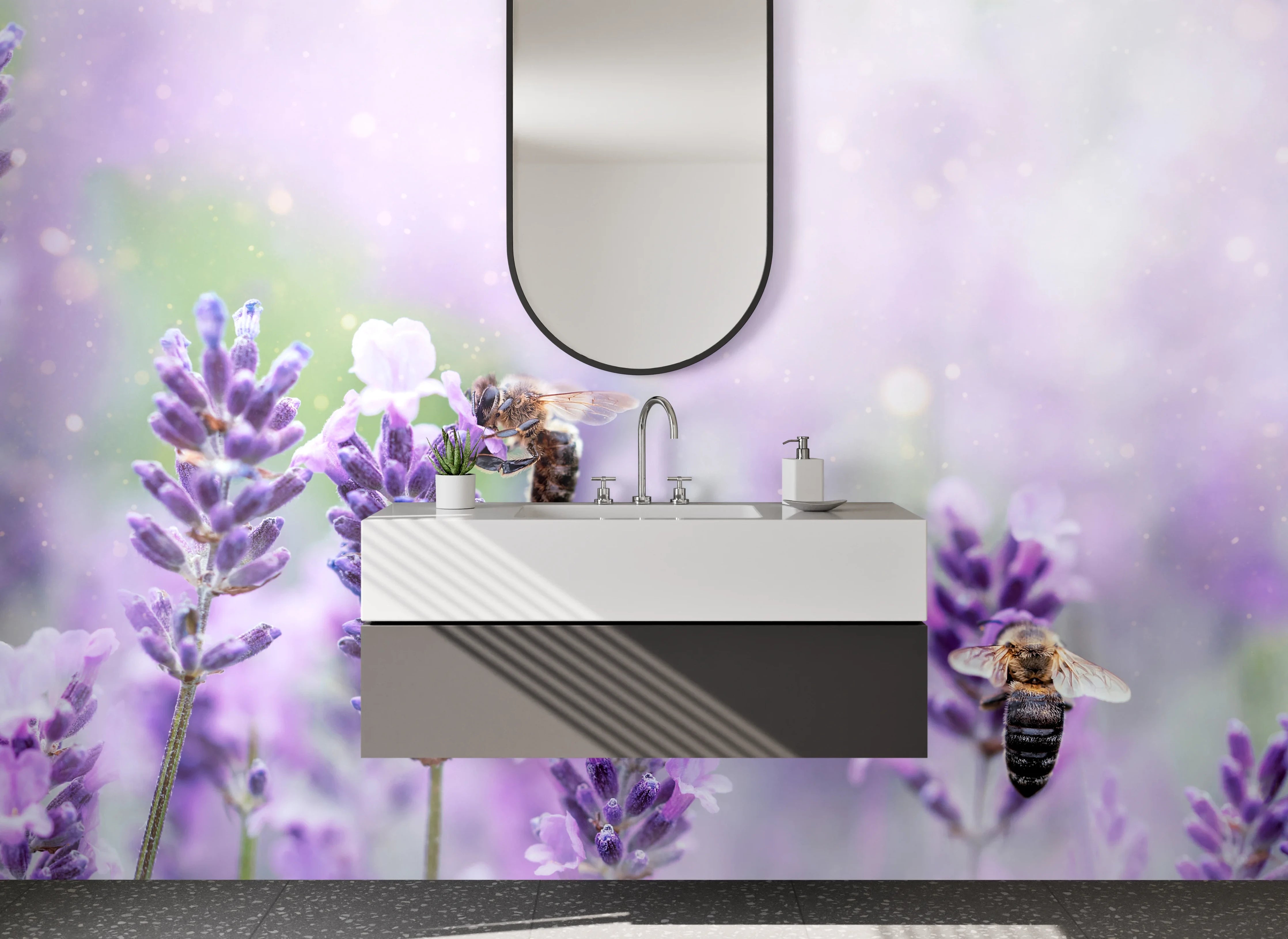Waschbecken-Rückwand - Lavendelwiese mit Bienen – Fotomotiv