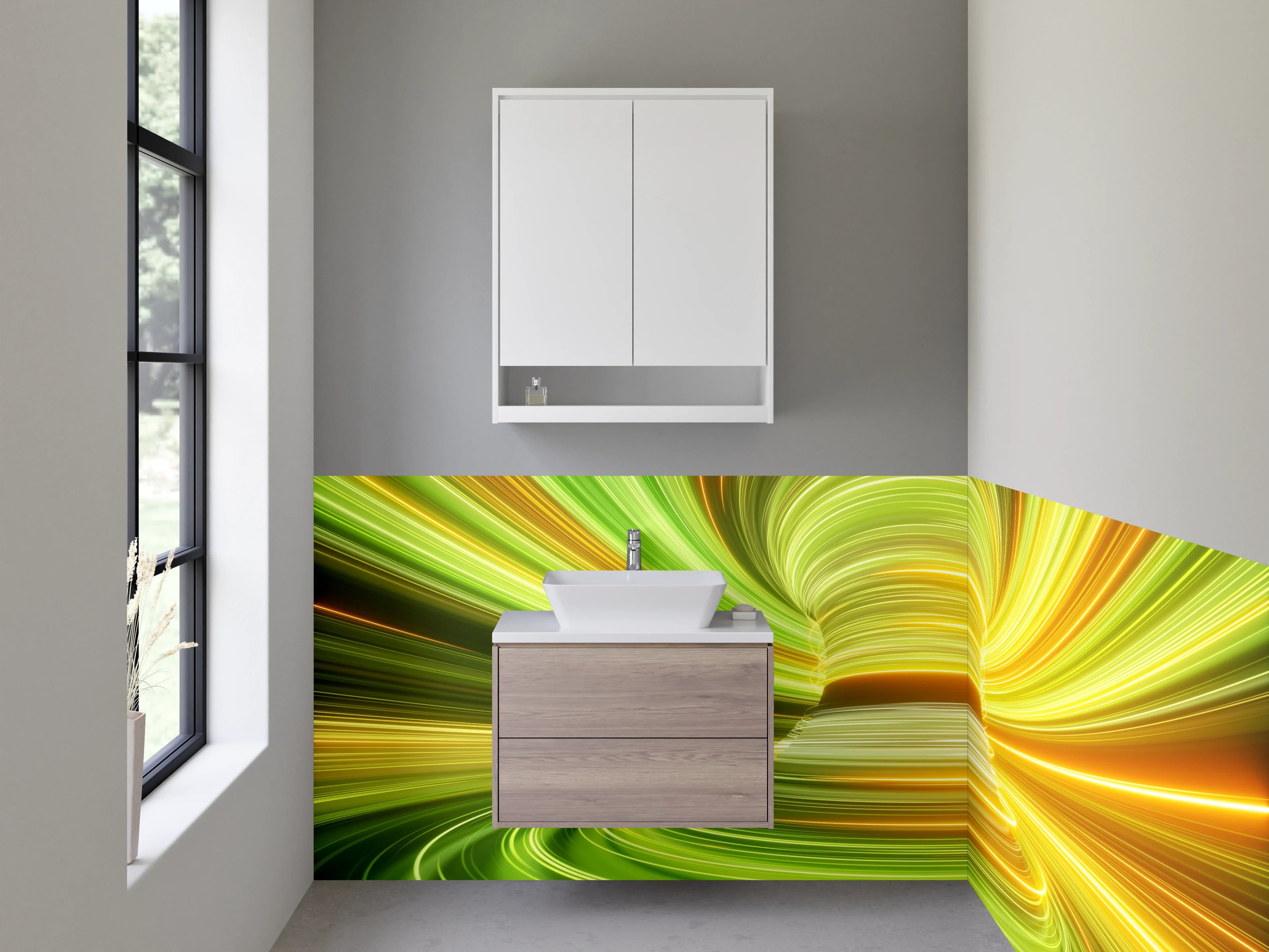 Waschbecken-Rückwand - Leuchtende Tunnel aus grünen und gelben Lichtstreifen