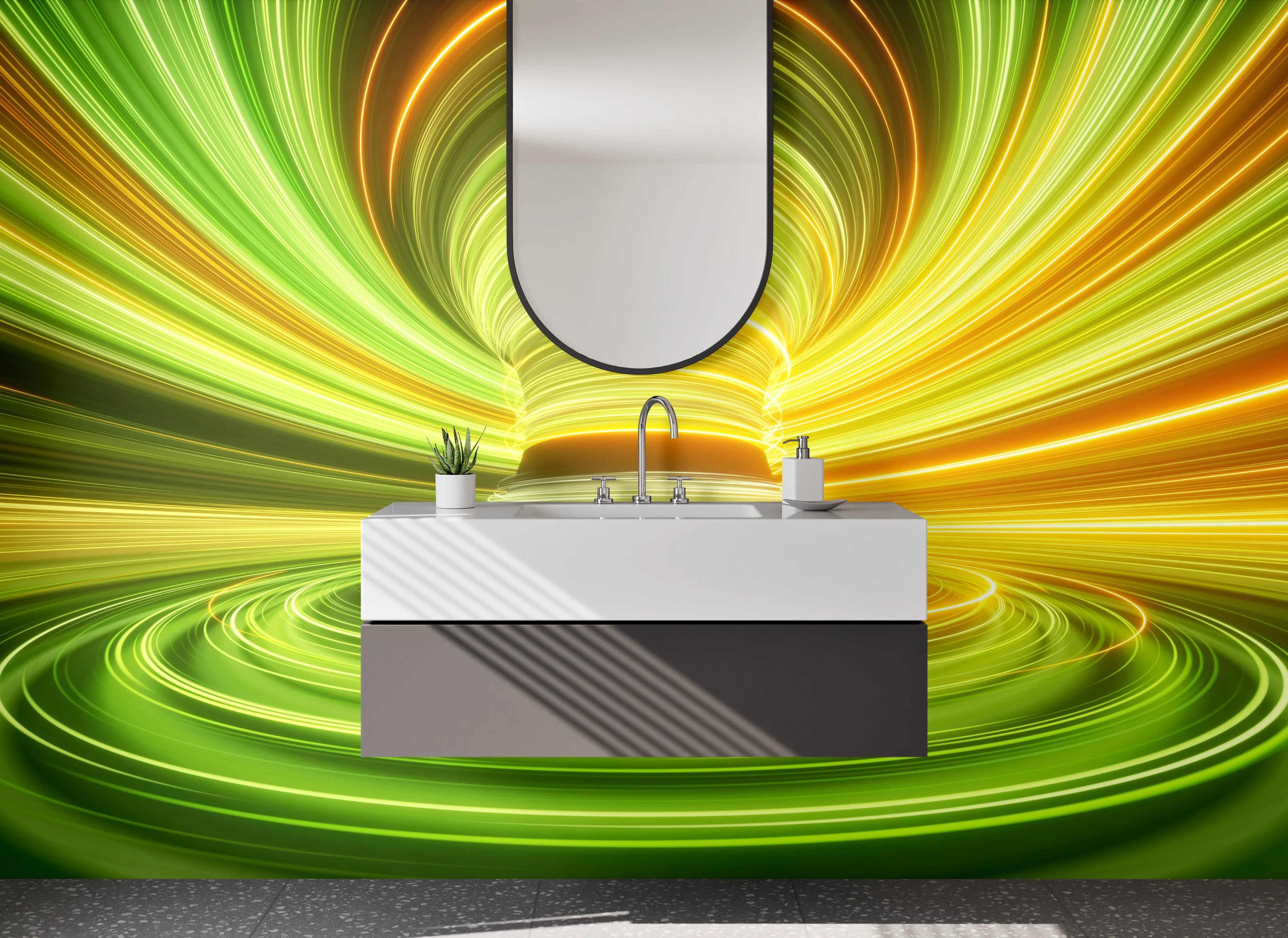 Waschbecken-Rückwand - Leuchtende Tunnel aus grünen und gelben Lichtstreifen