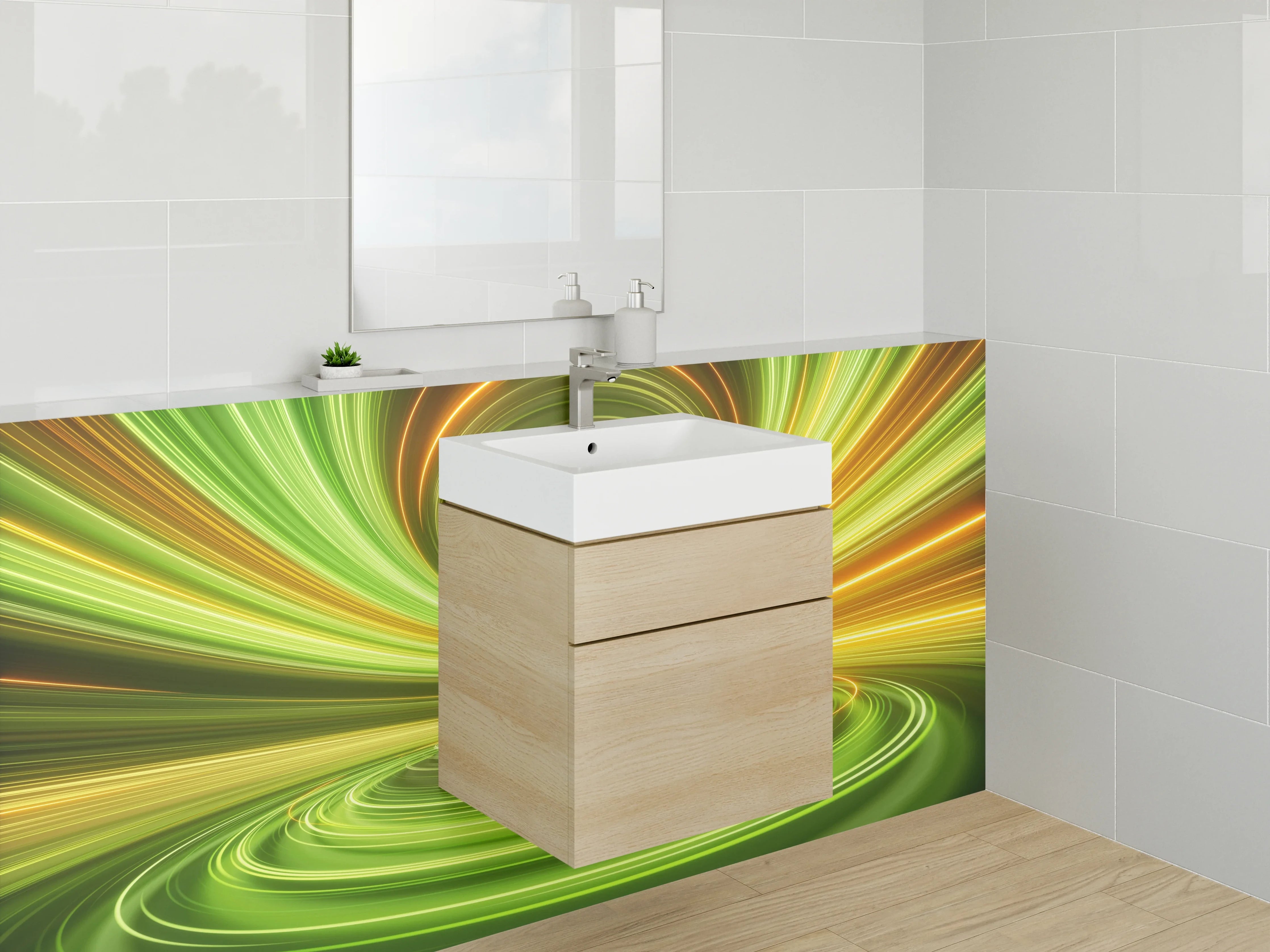 Waschbecken-Rückwand - Leuchtende Tunnel aus grünen und gelben Lichtstreifen