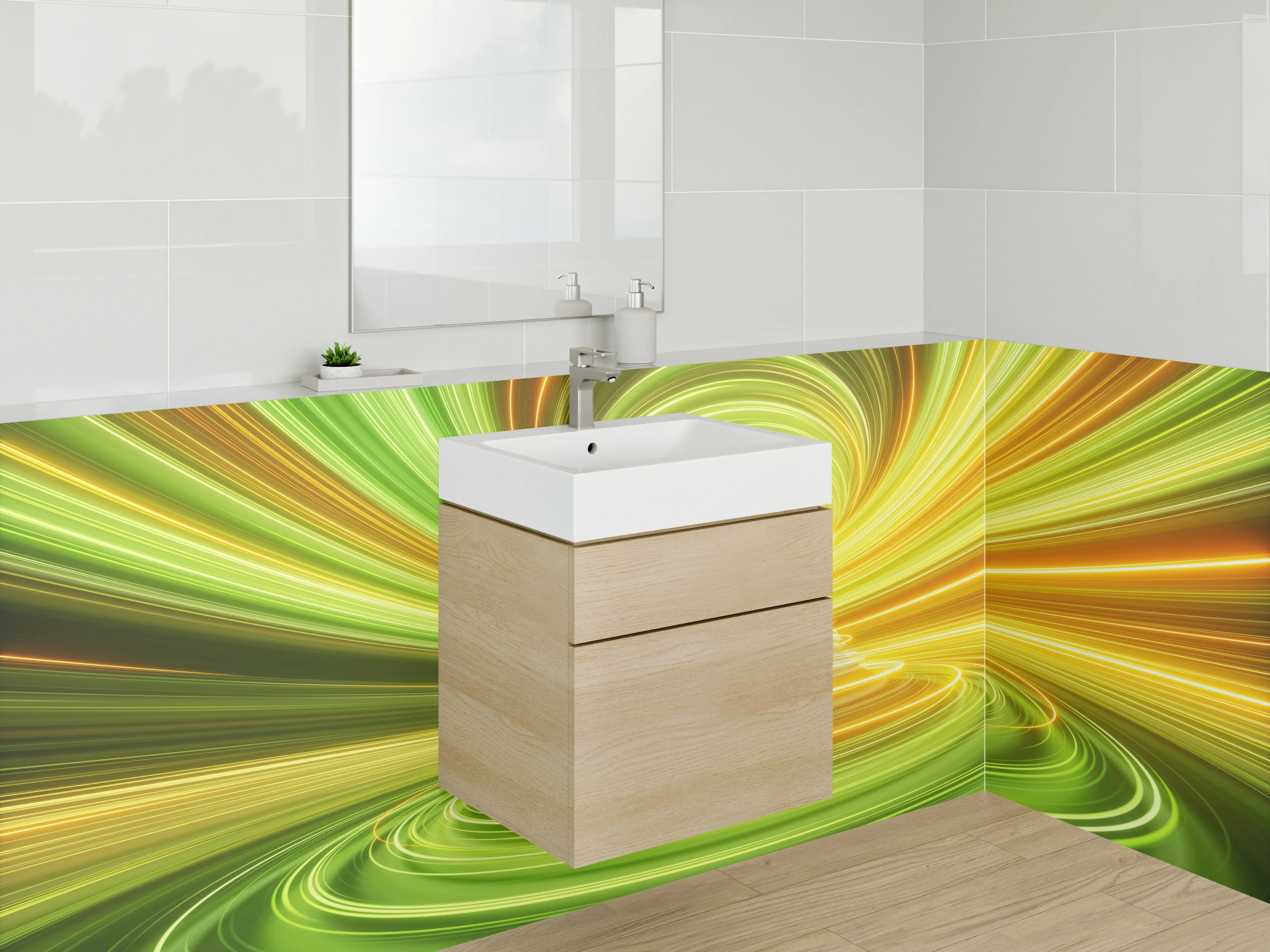 Waschbecken-Rückwand - Leuchtende Tunnel aus grünen und gelben Lichtstreifen