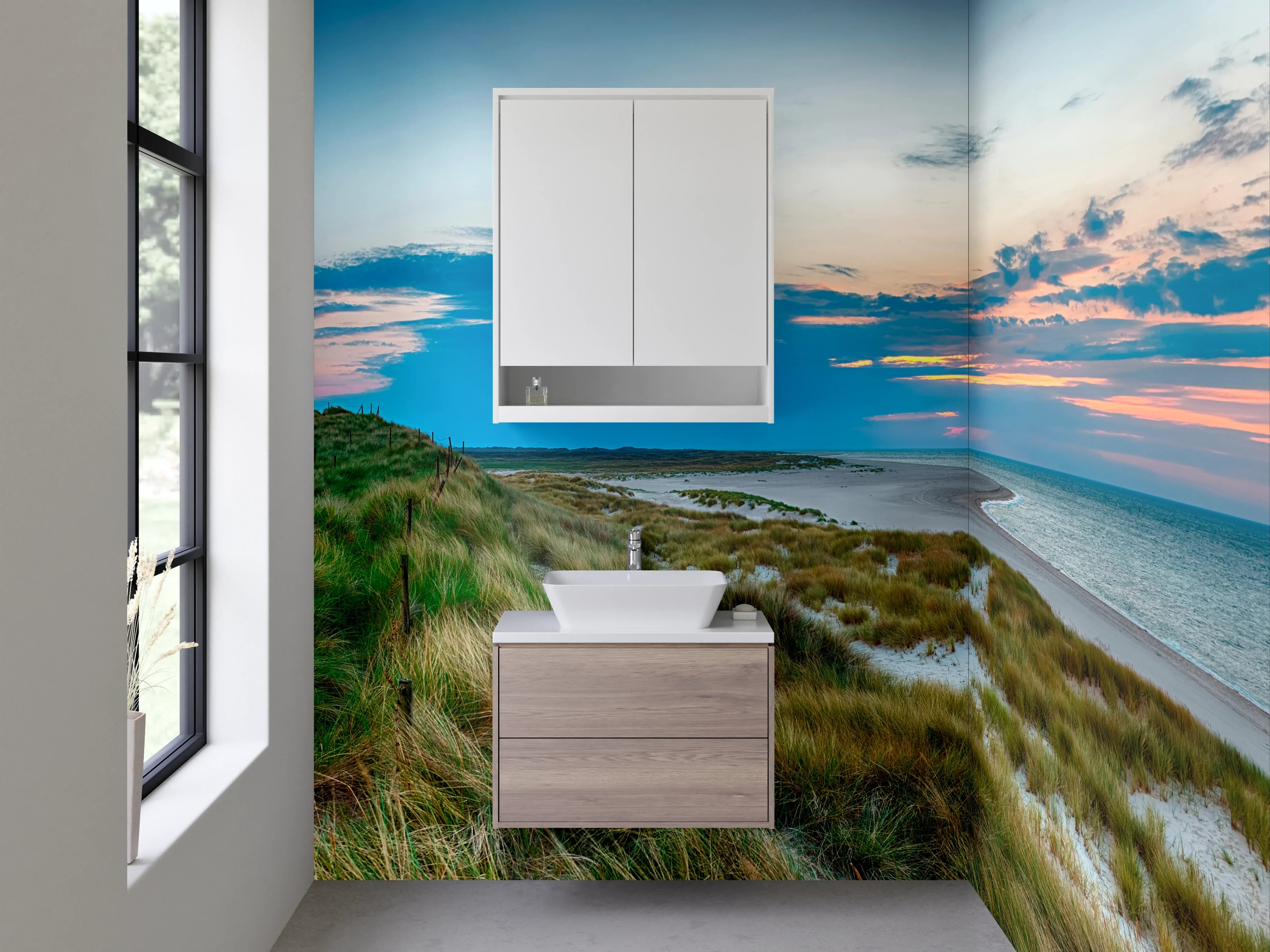 Waschbecken-Rückwand - Leuchtturm am Sonnenuntergang im Panoramabild