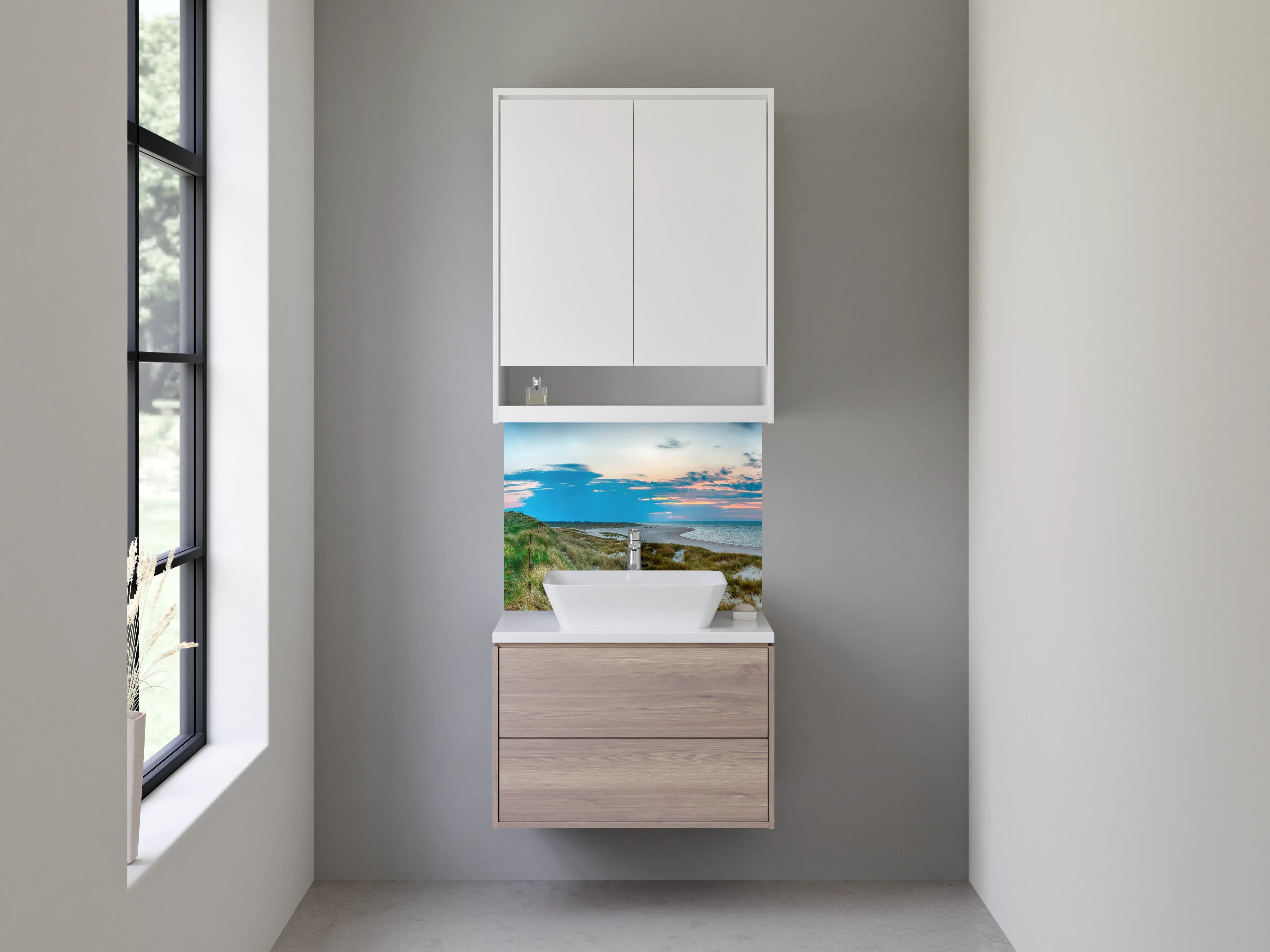 Waschbecken-Rückwand - Leuchtturm am Sonnenuntergang im Panoramabild