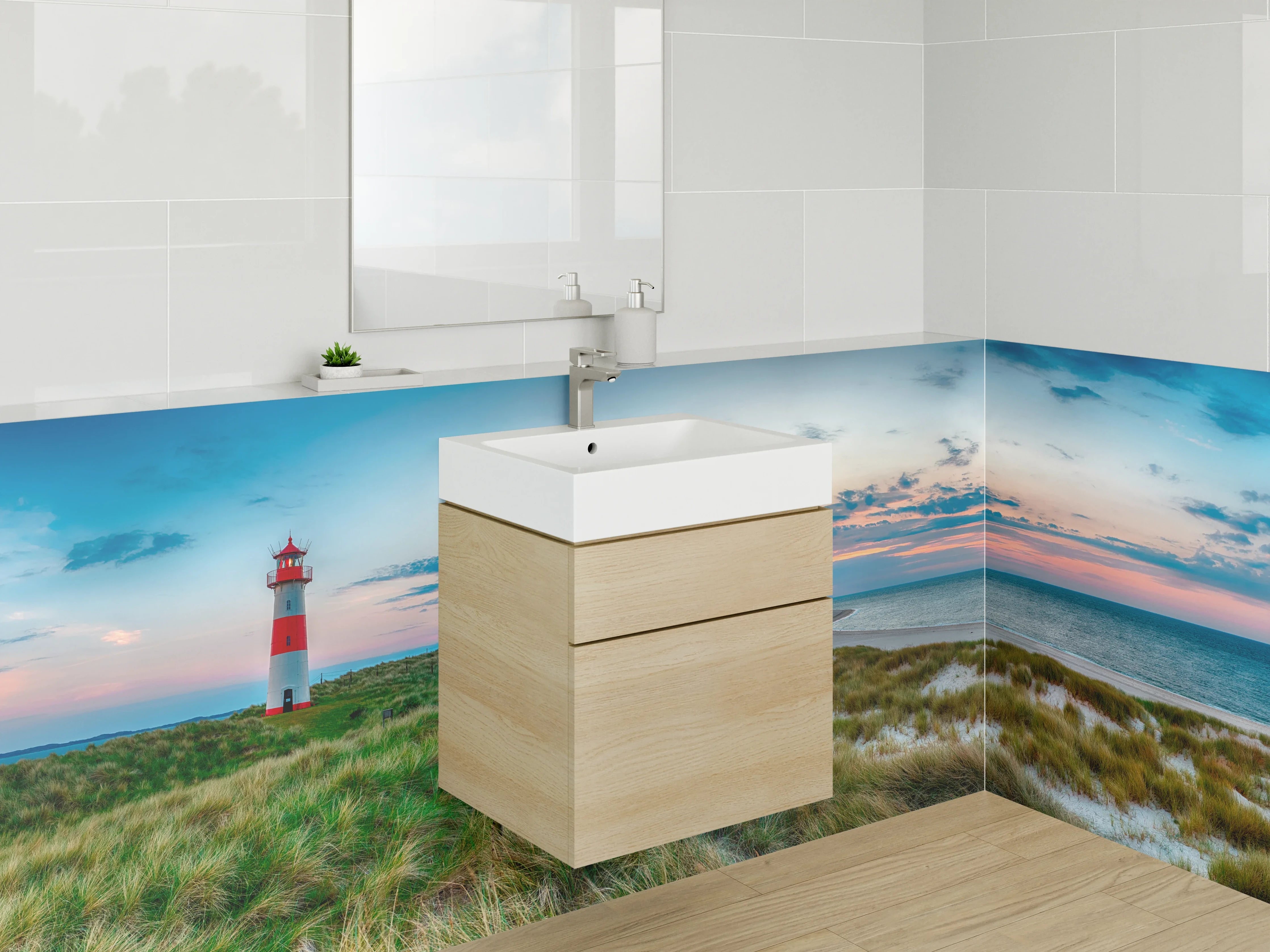 Waschbecken-Rückwand - Leuchtturm am Sonnenuntergang im Panoramabild