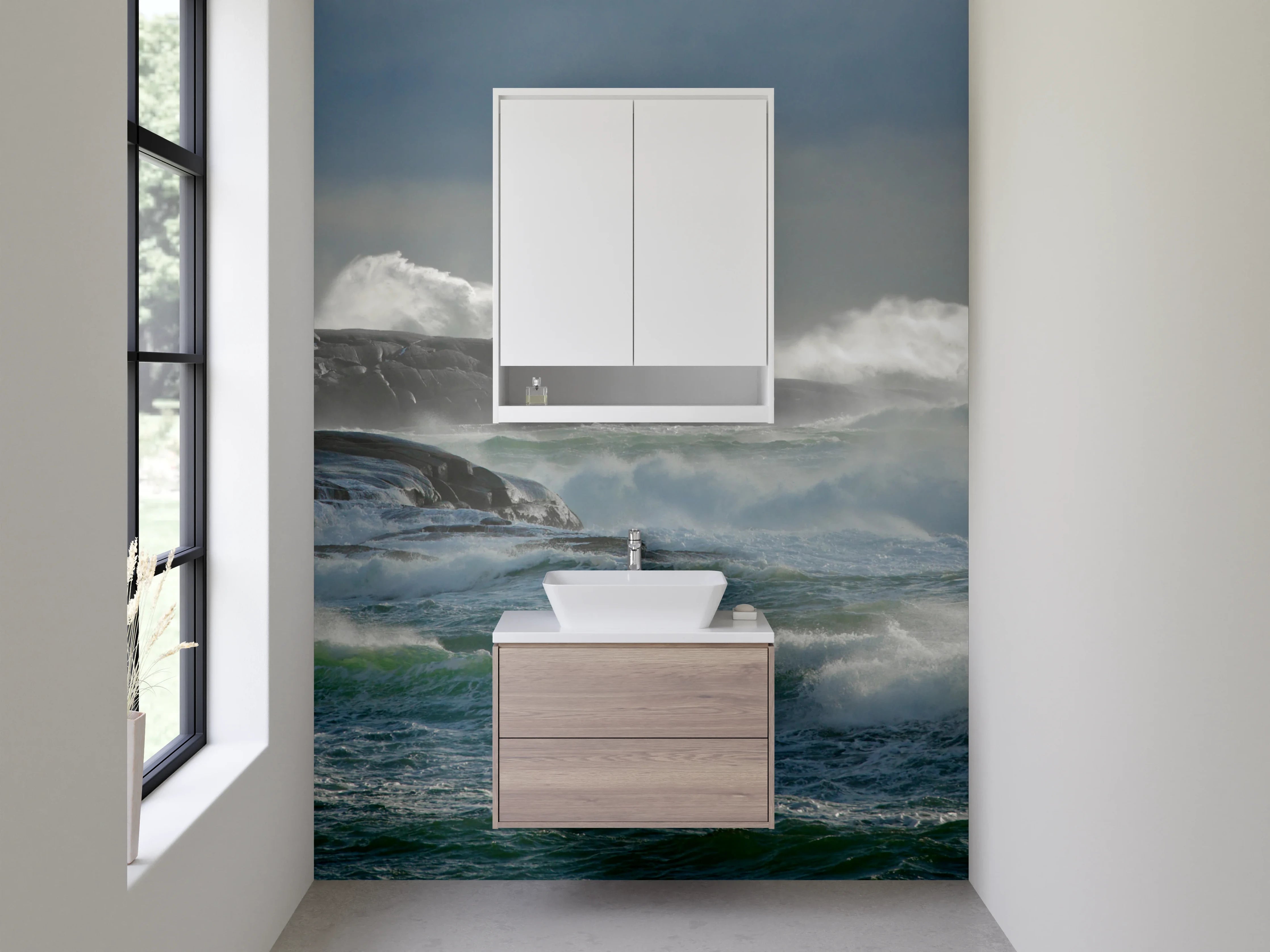 Waschbecken-Rückwand - Leuchtturm am rauen Meer