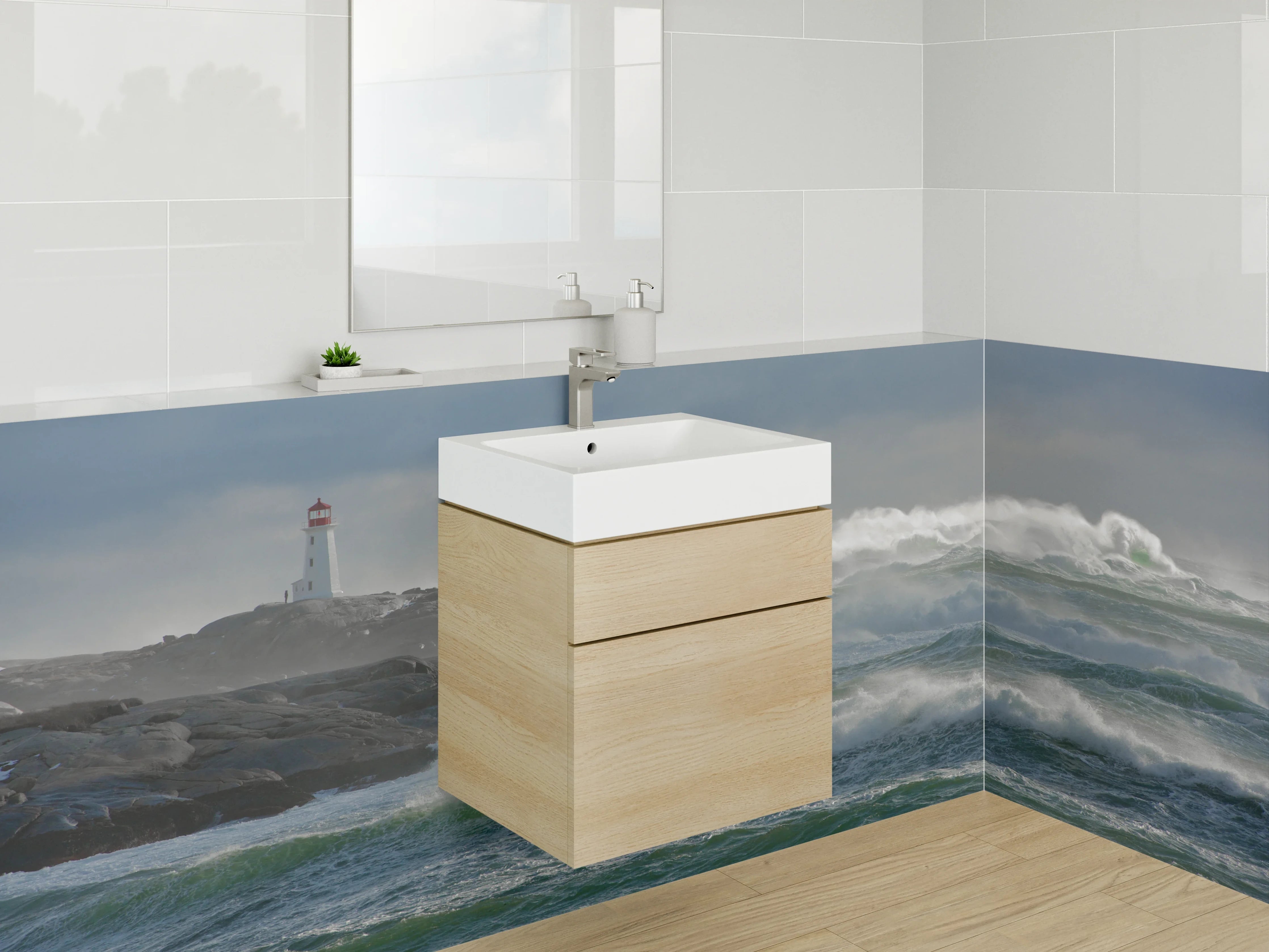 Waschbecken-Rückwand - Leuchtturm am rauen Meer