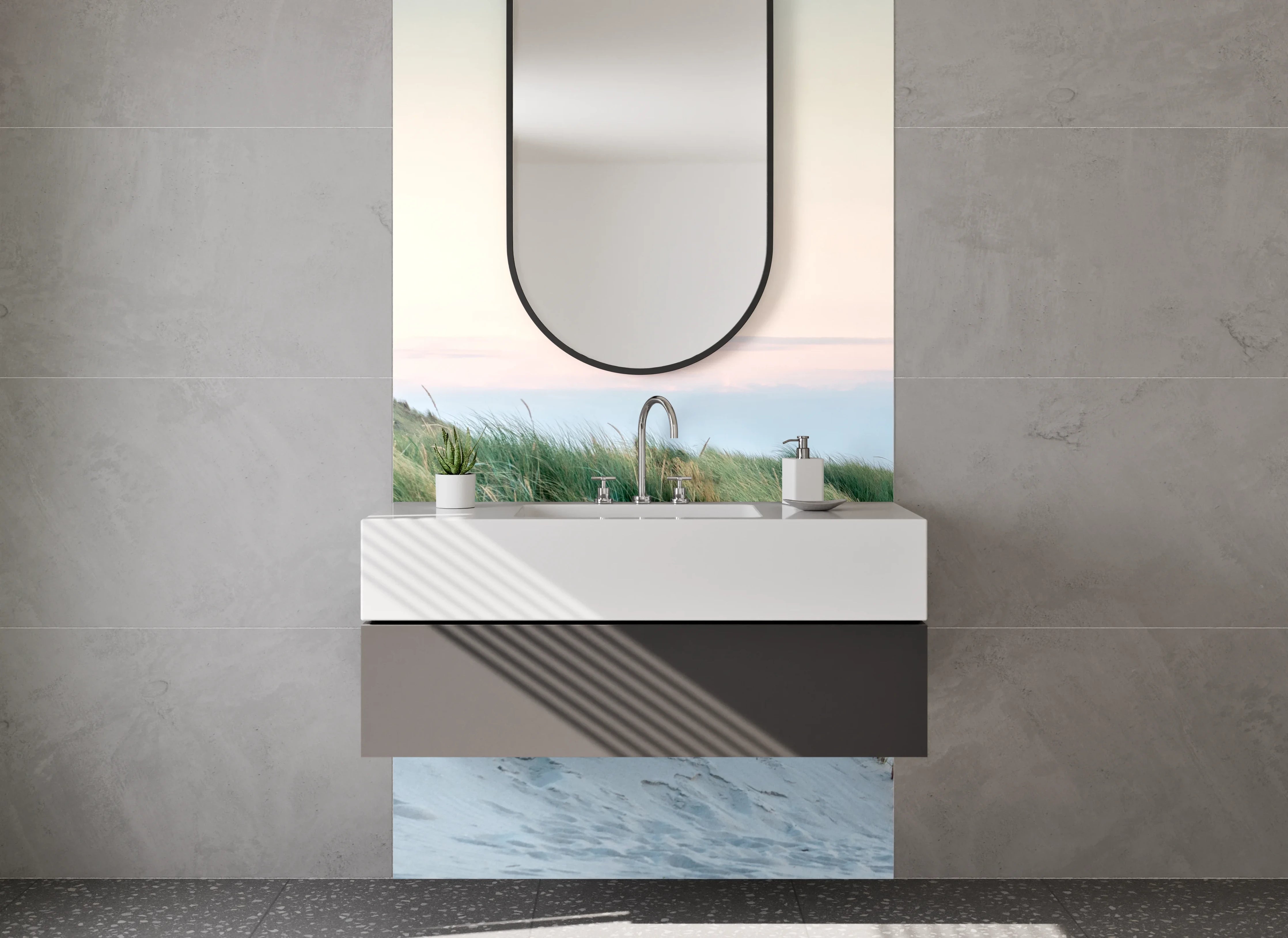 Waschbecken-Rückwand - Leuchtturm an der norddeutschen Küste