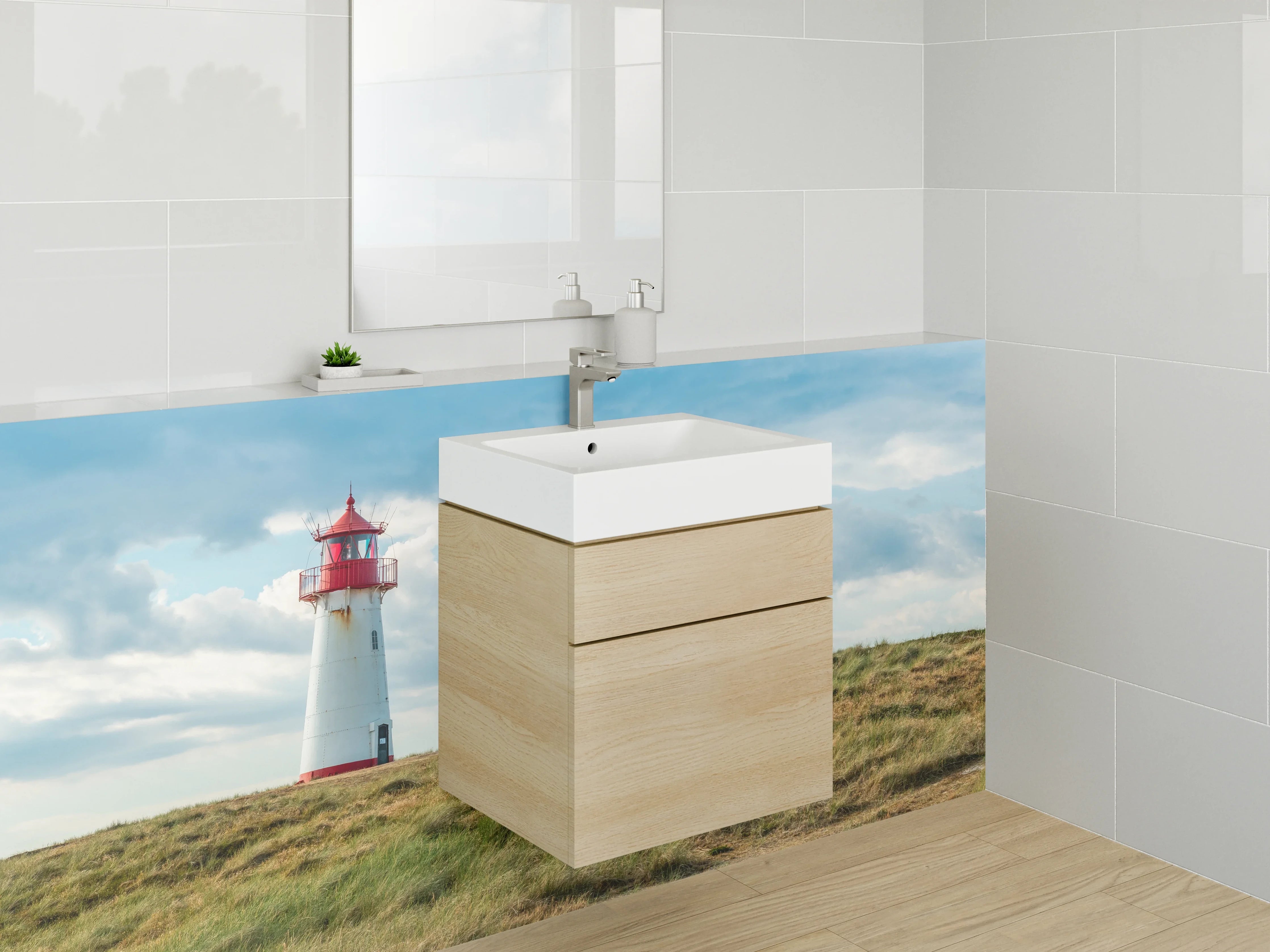 Waschbecken-Rückwand - Leuchtturm auf grüner Insel bei Himmel