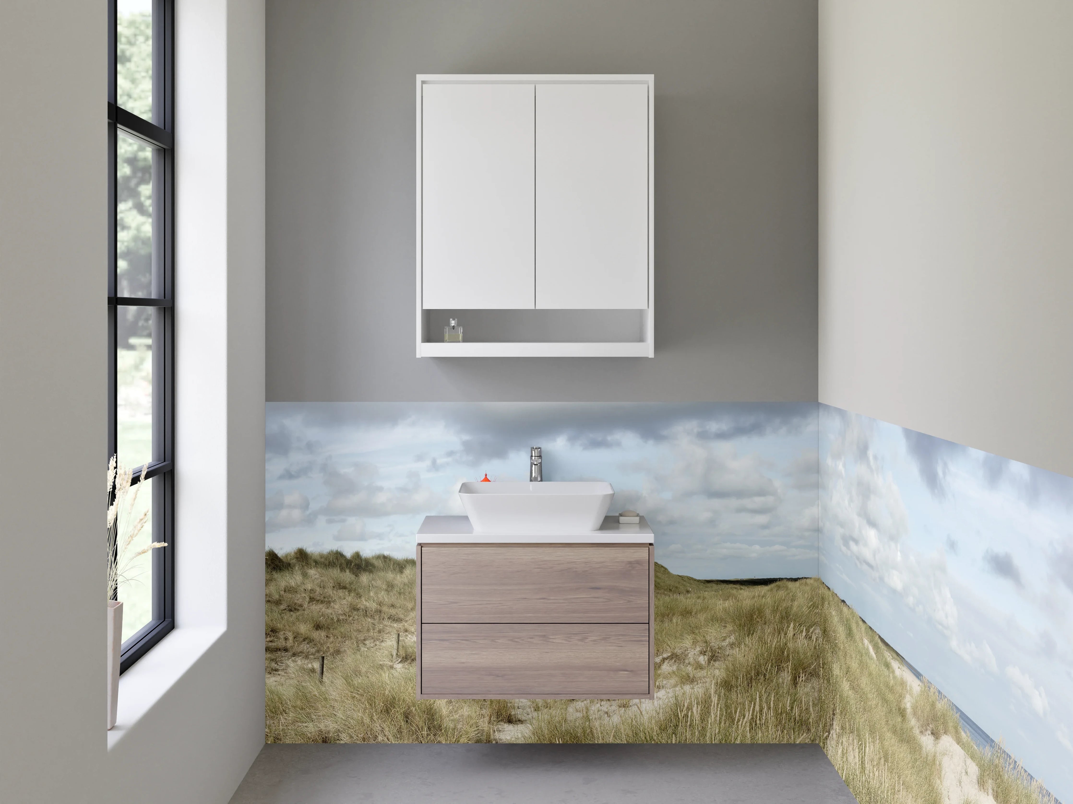 Waschbecken-Rückwand - Leuchtturm in Dünenlandschaft Panorama