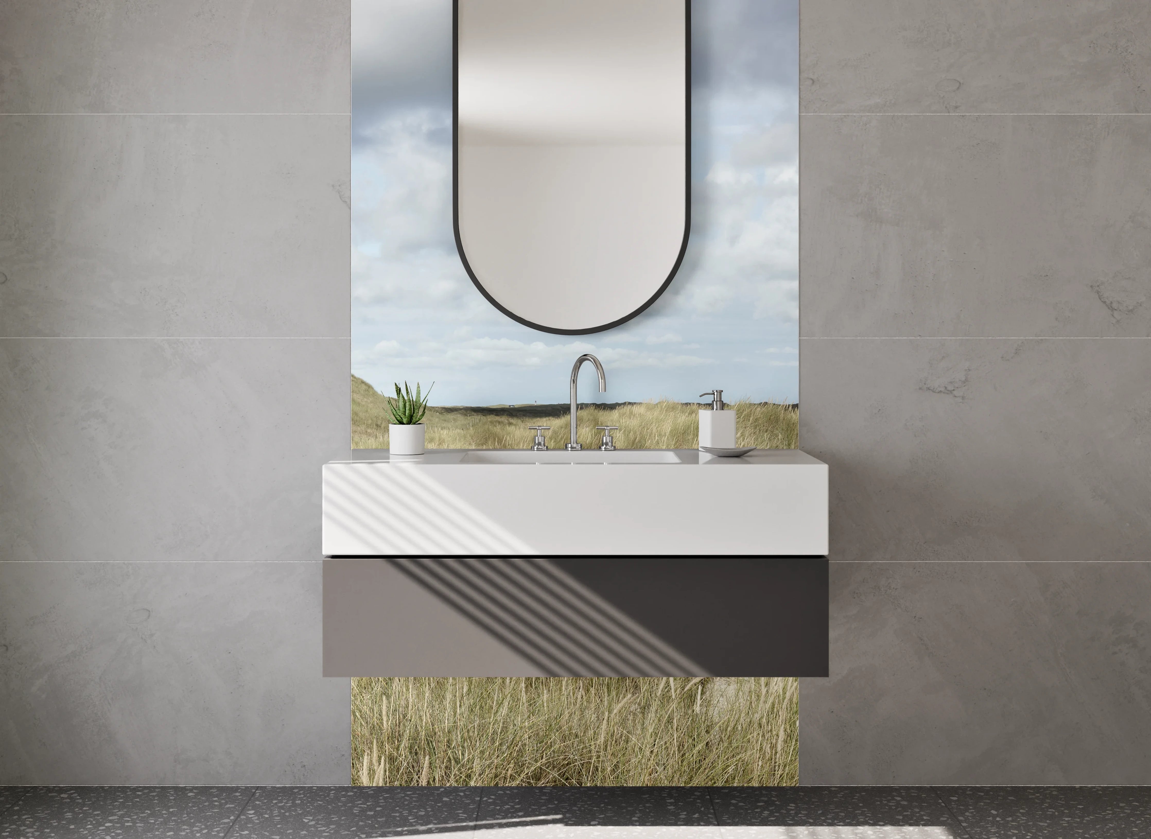 Waschbecken-Rückwand - Leuchtturm in Dünenlandschaft Panorama