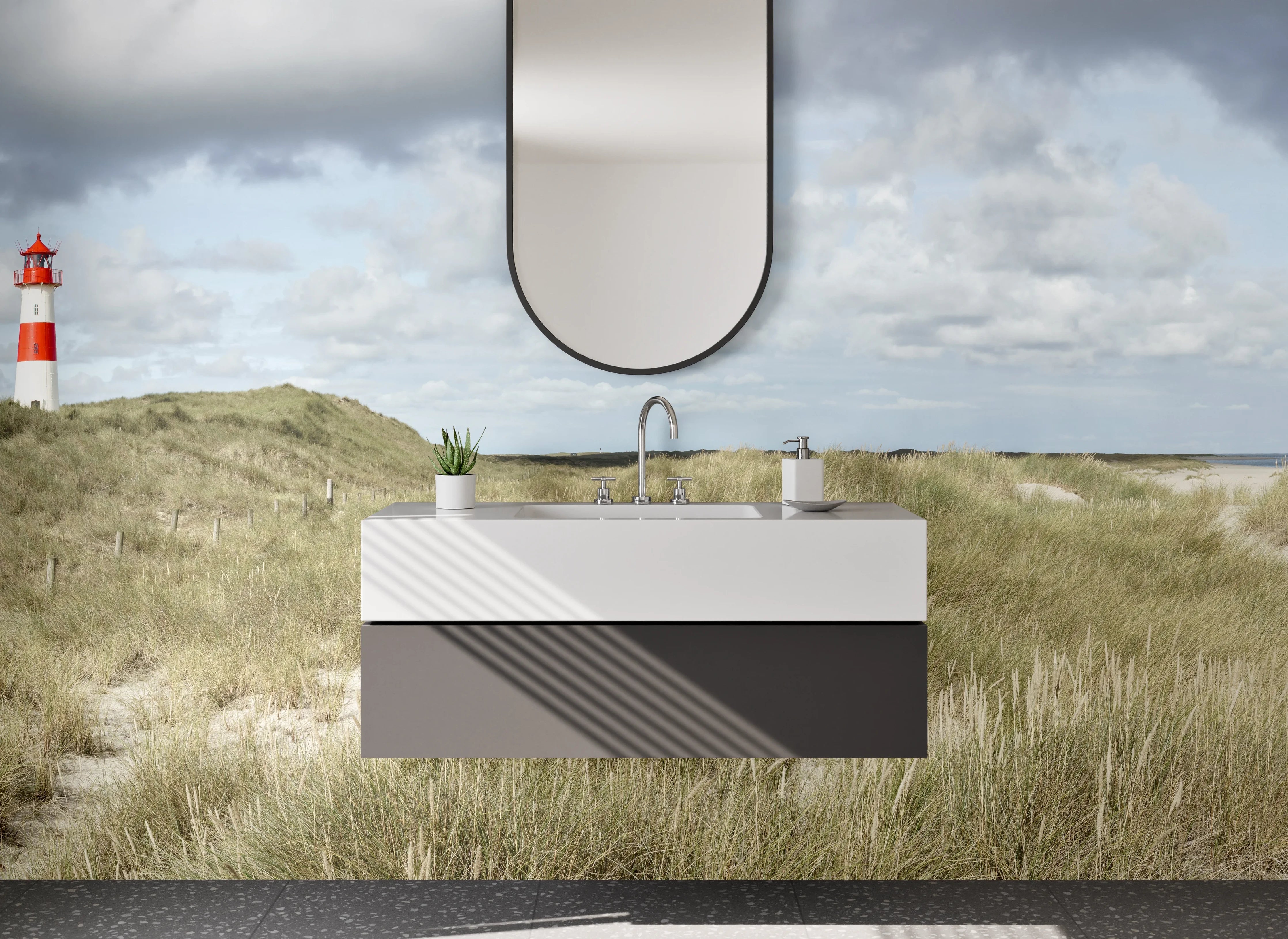 Waschbecken-Rückwand - Leuchtturm in Dünenlandschaft Panorama