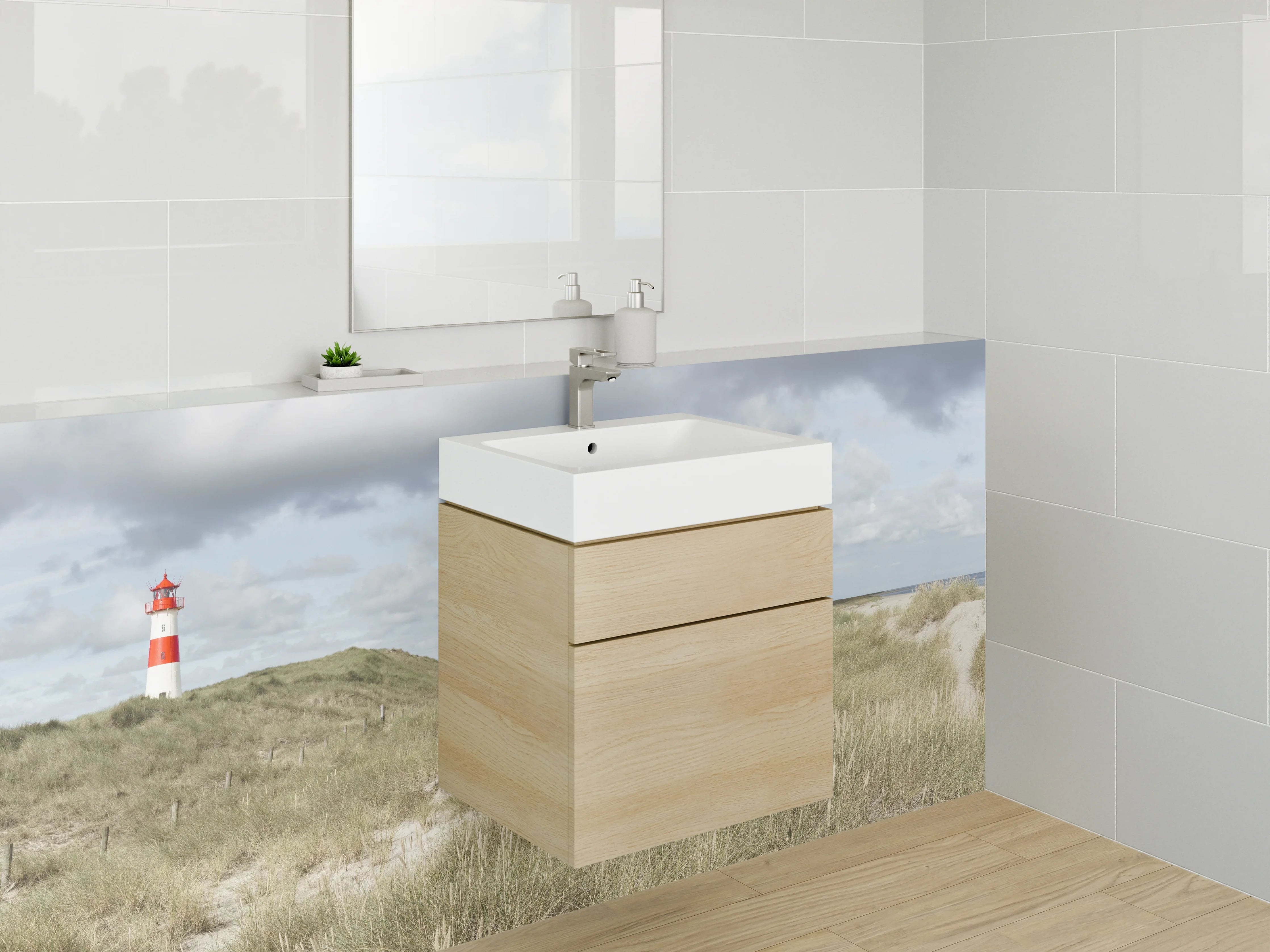 Waschbecken-Rückwand - Leuchtturm in Dünenlandschaft Panorama