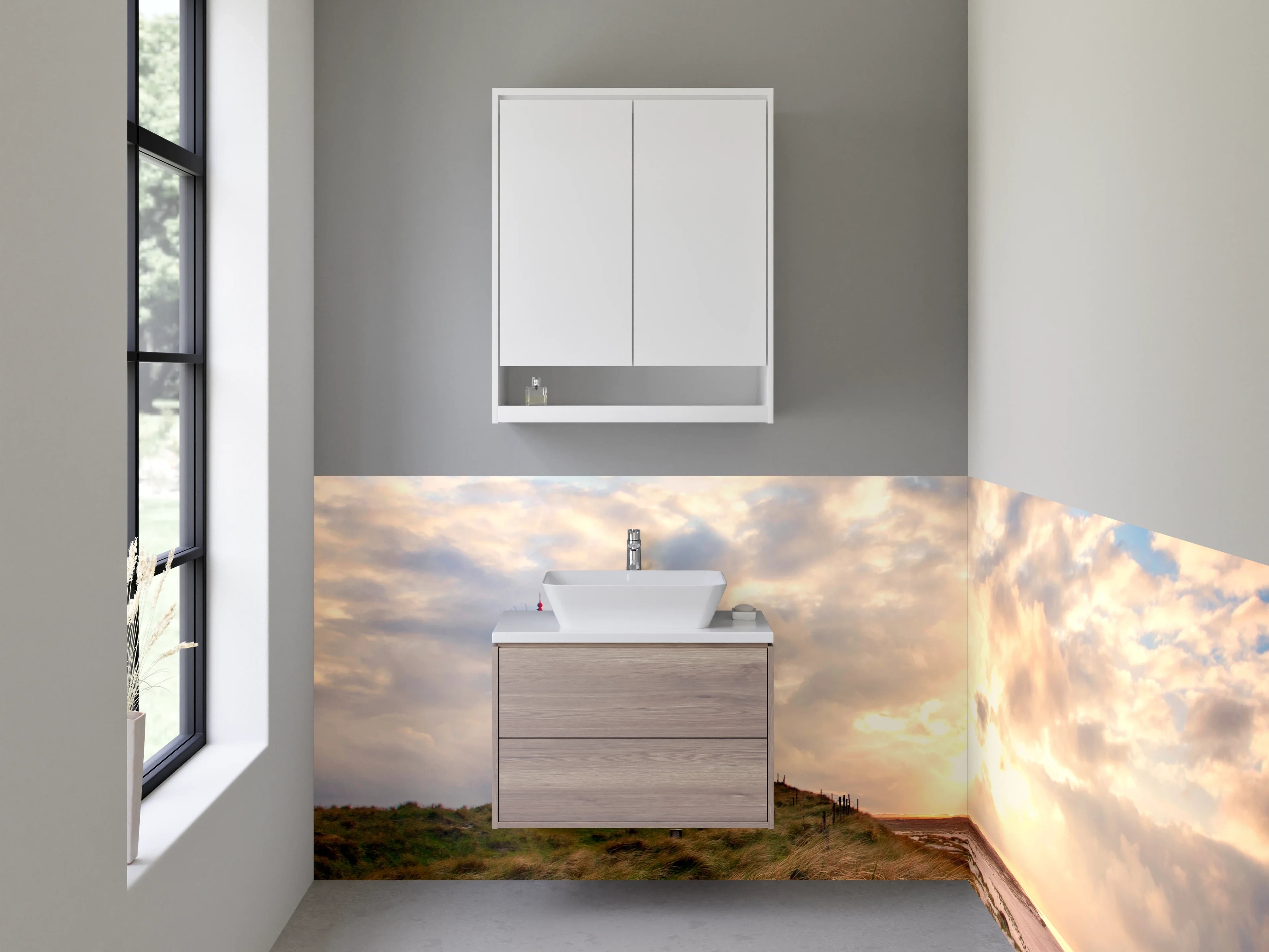 Waschbecken-Rückwand - Leuchtturm in sanften Grautönen