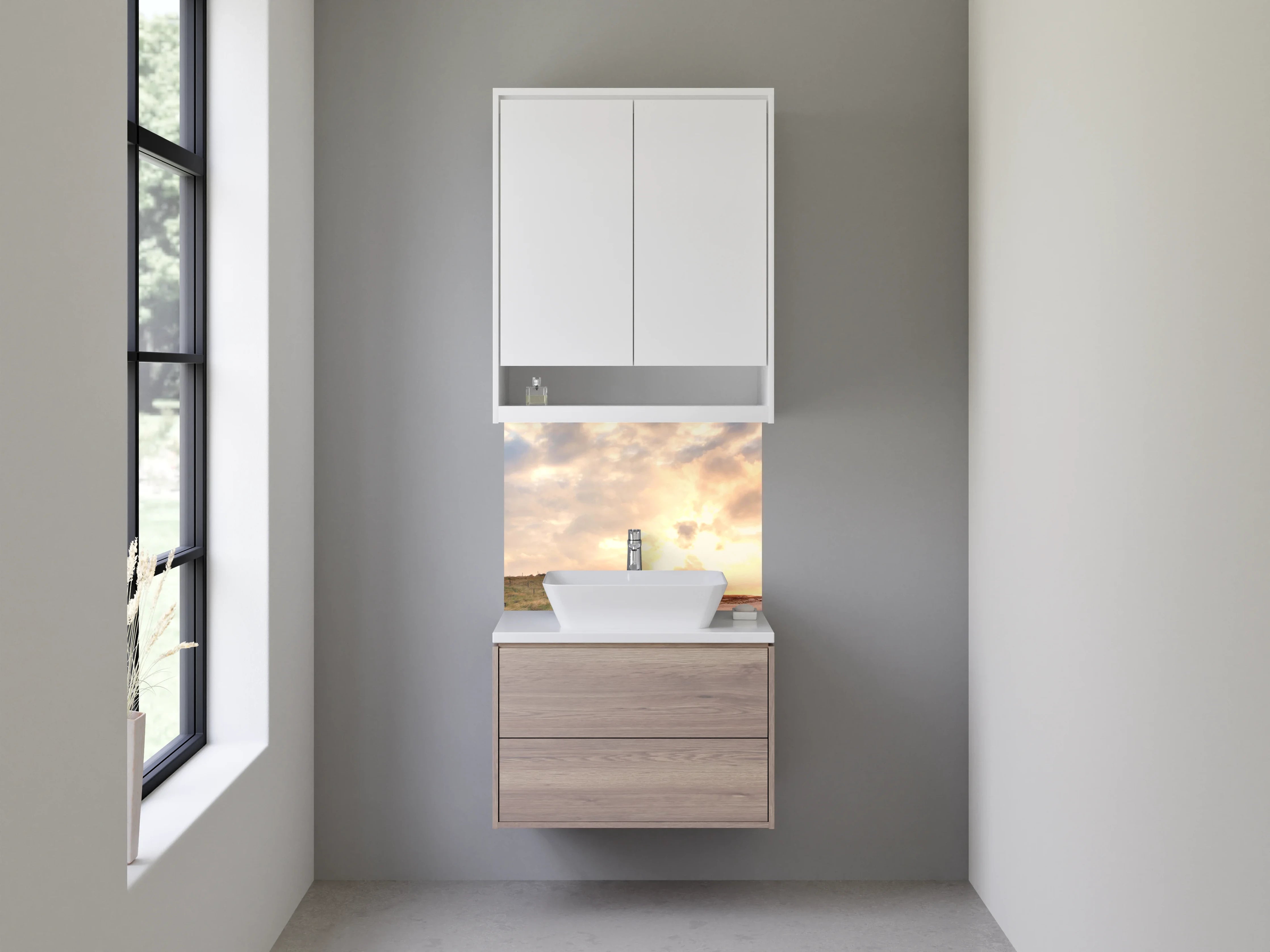 Waschbecken-Rückwand - Leuchtturm in sanften Grautönen