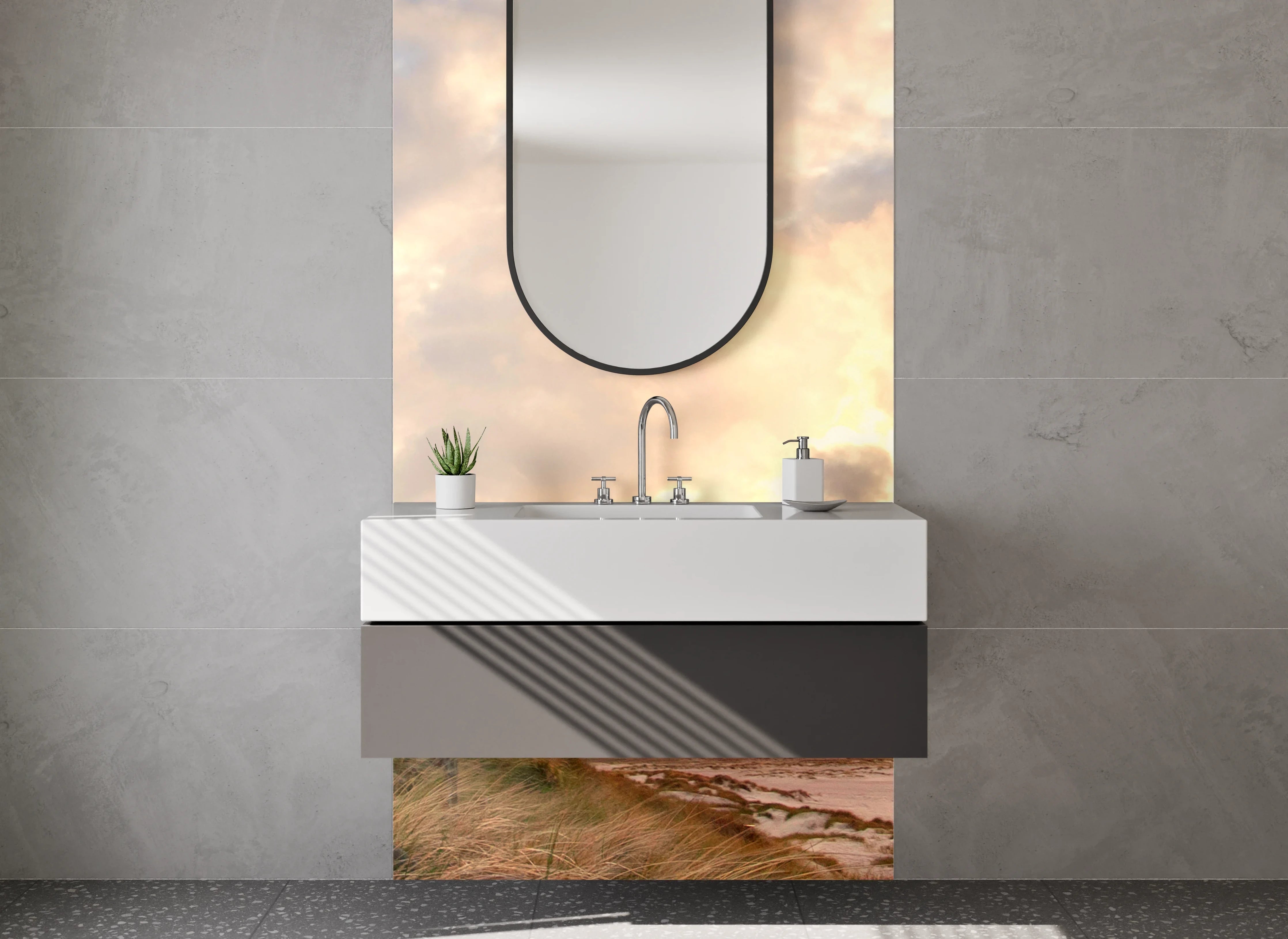 Waschbecken-Rückwand - Leuchtturm in sanften Grautönen