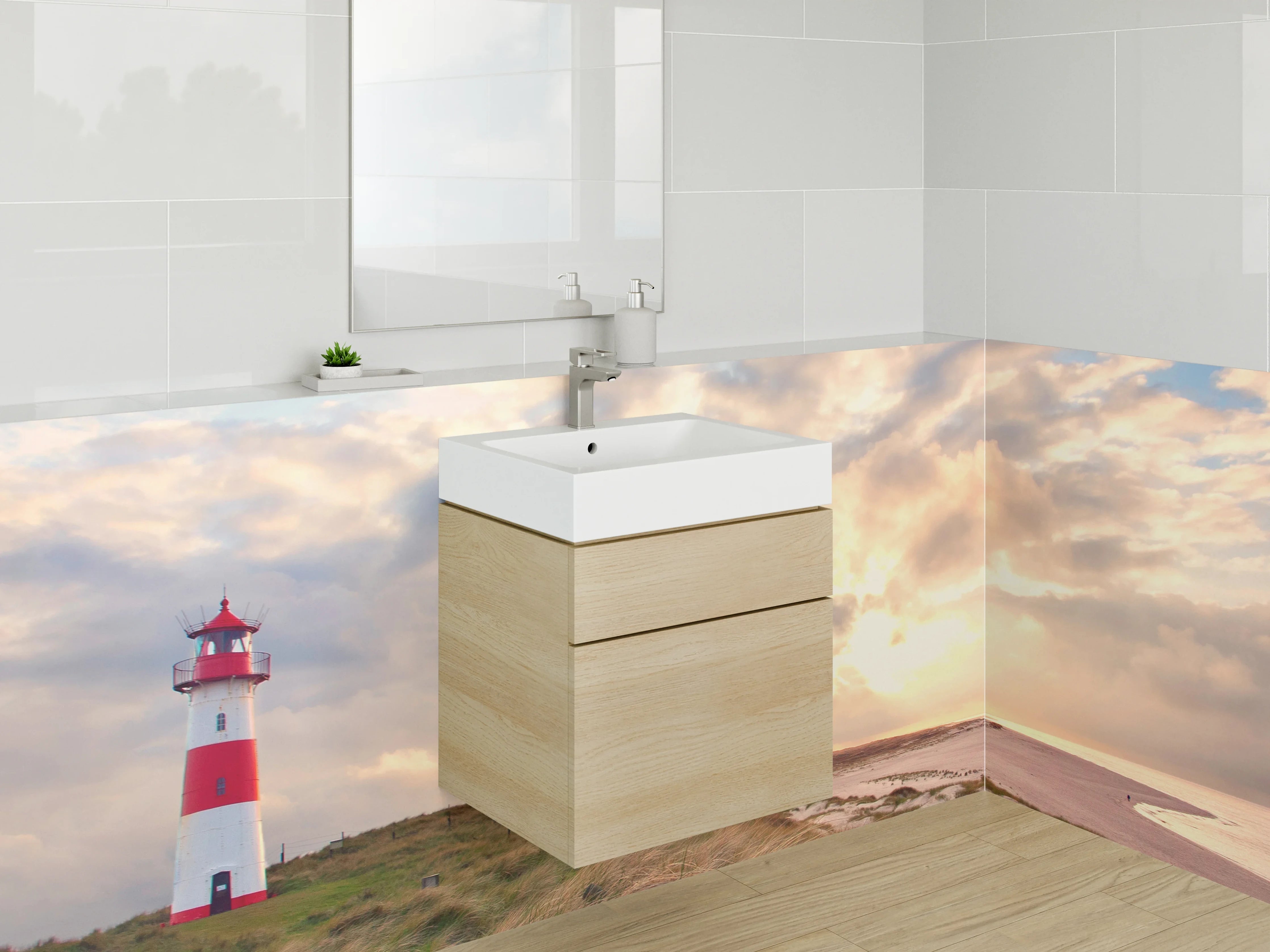 Waschbecken-Rückwand - Leuchtturm in sanften Grautönen
