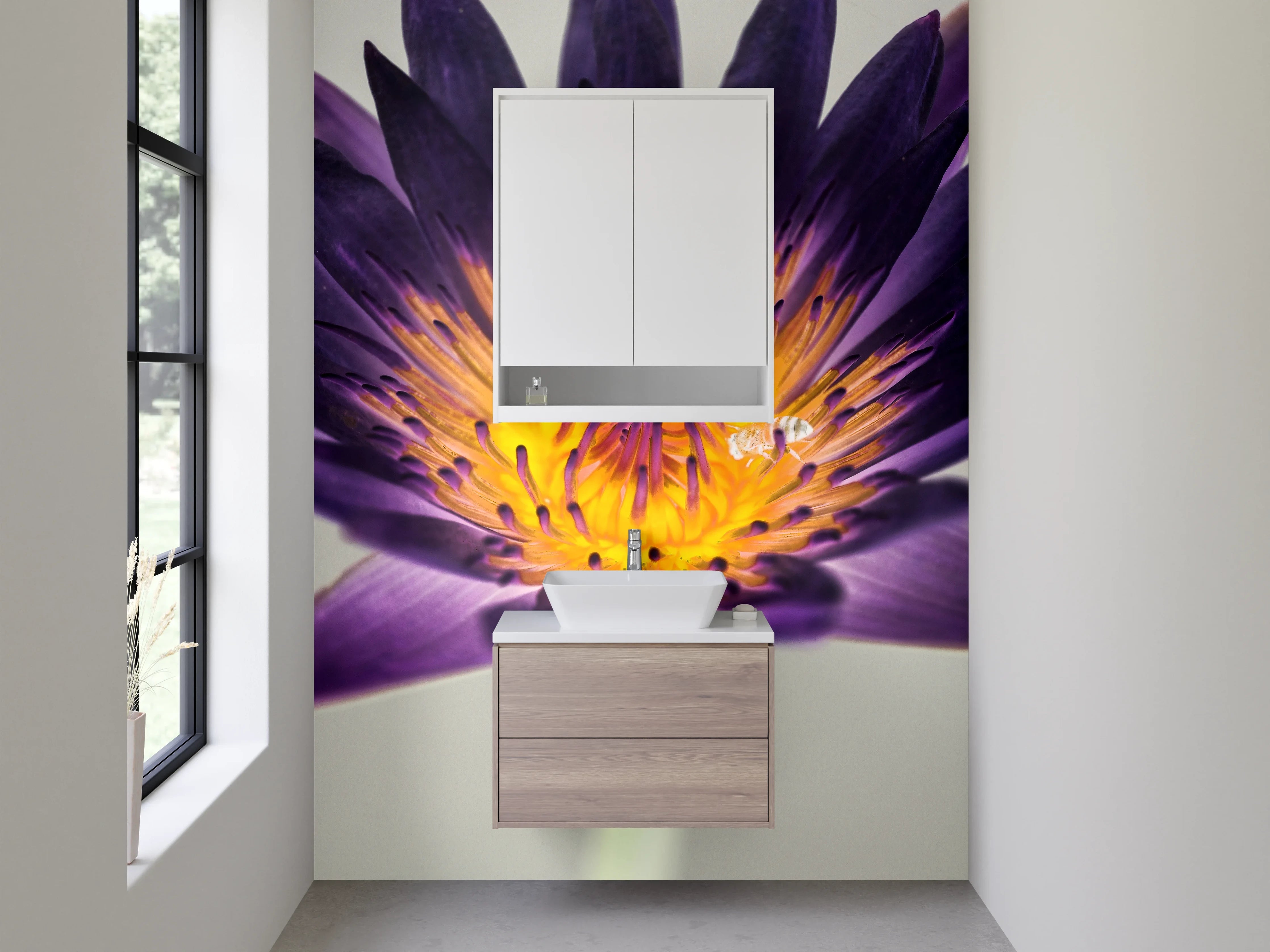 Waschbecken-Rückwand - Lila Lotusblüte mit gelbem Zentrum