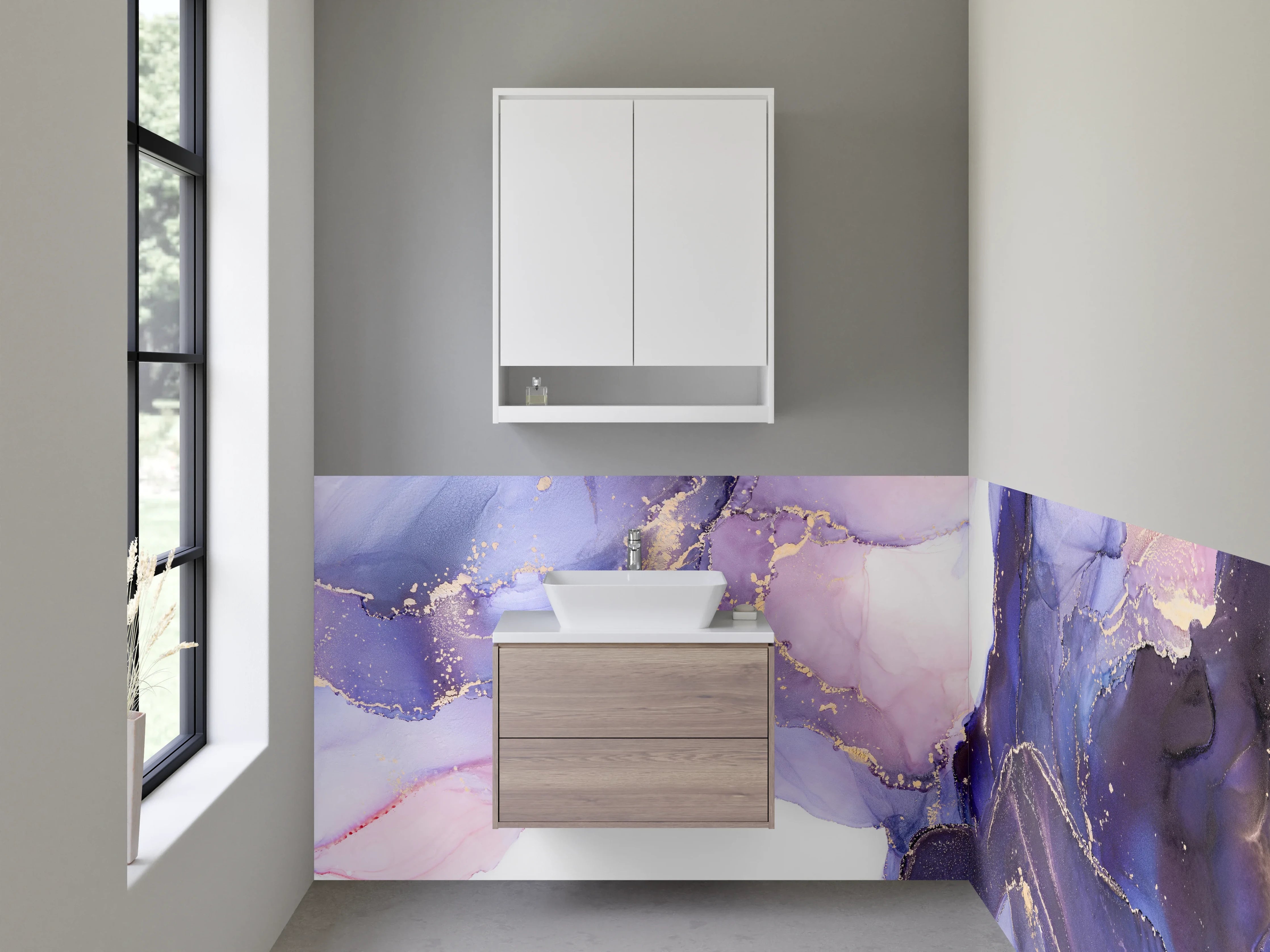 Waschbecken-Rückwand - Lila Nebel auf Gold und Grau