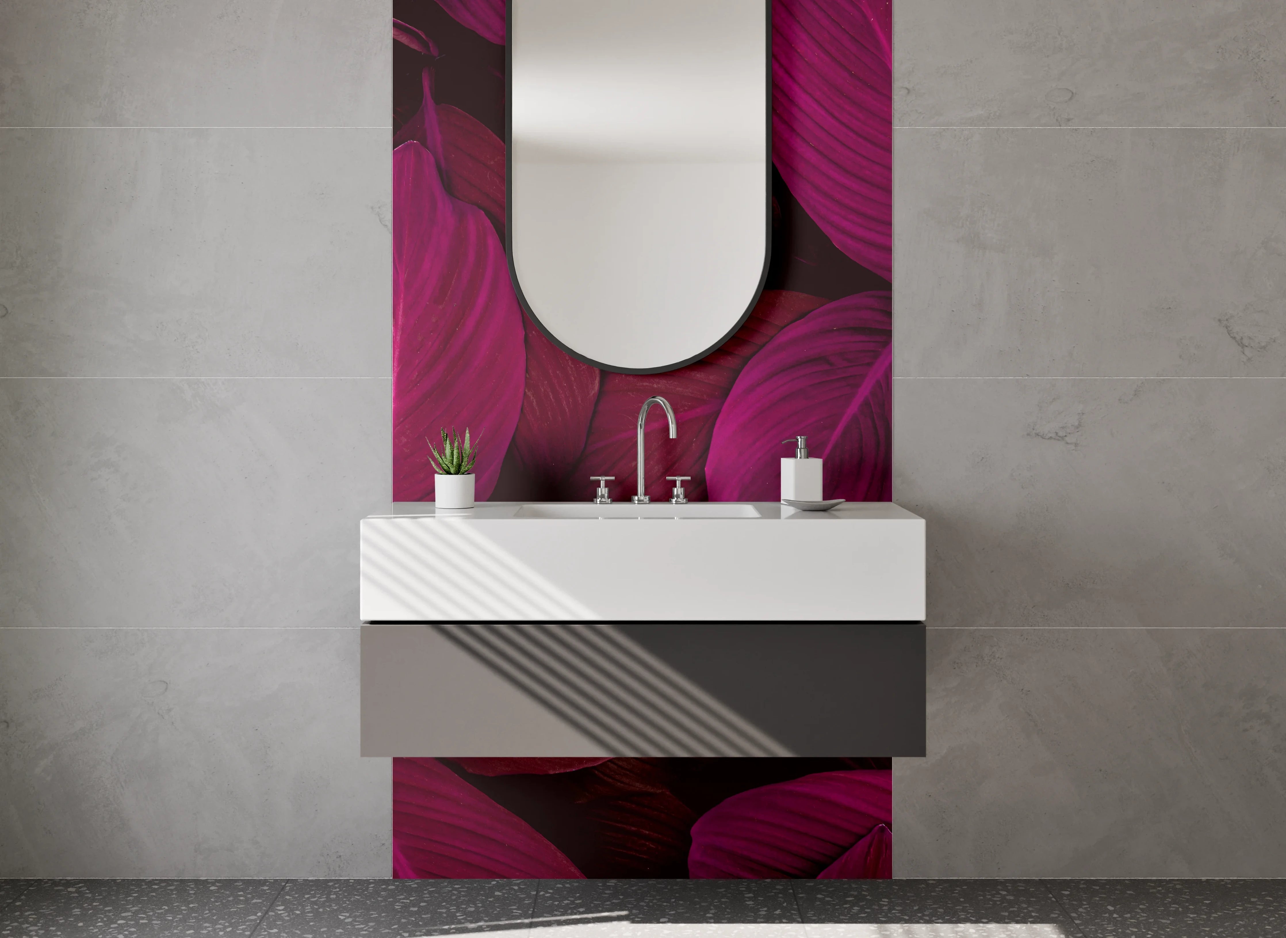 Waschbecken-Rückwand - Lila Pink Tropenblätter Muster Fotodruck