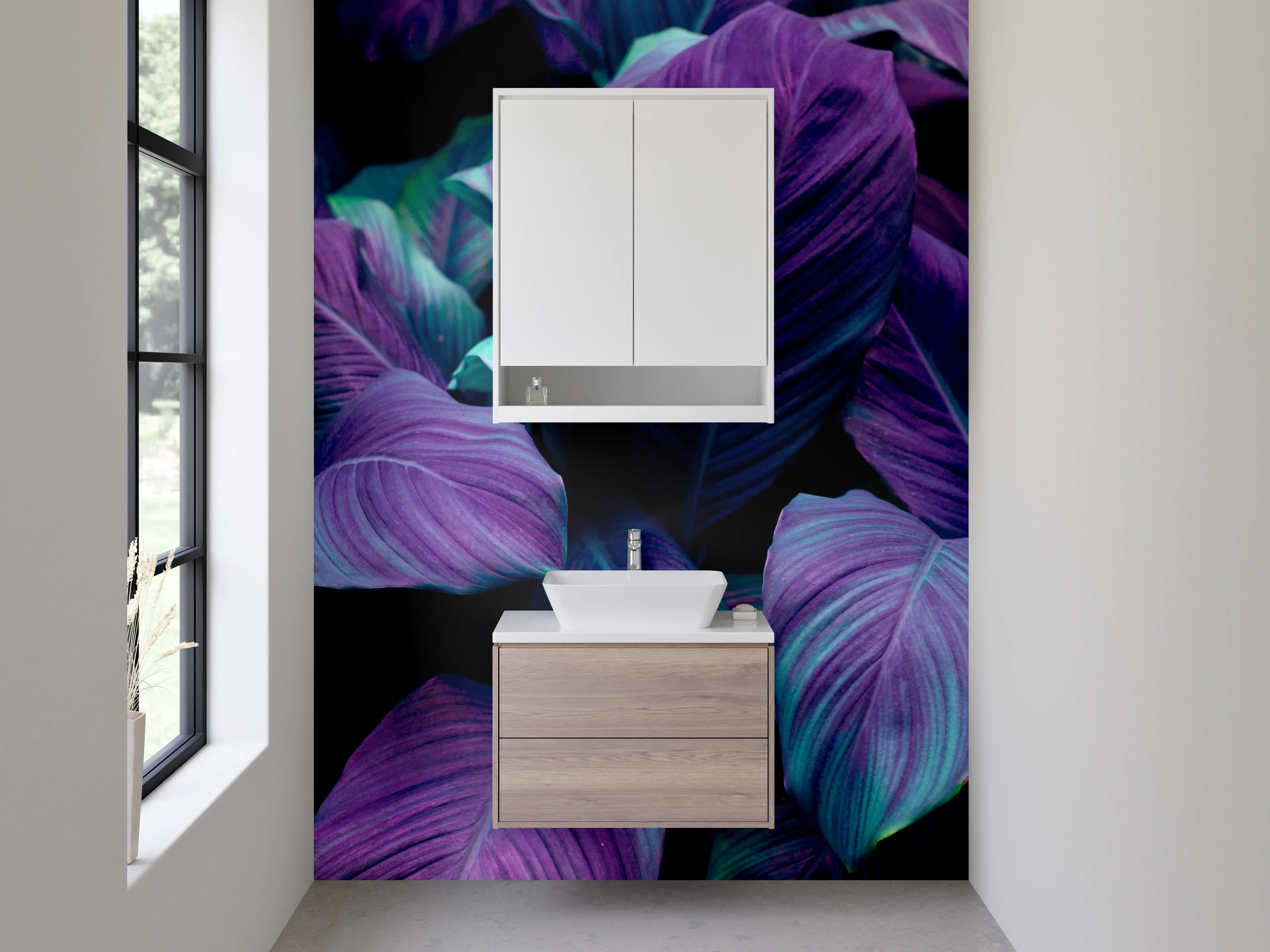Waschbecken-Rückwand - Lila-grüne Tropenblätter Kunstfoto