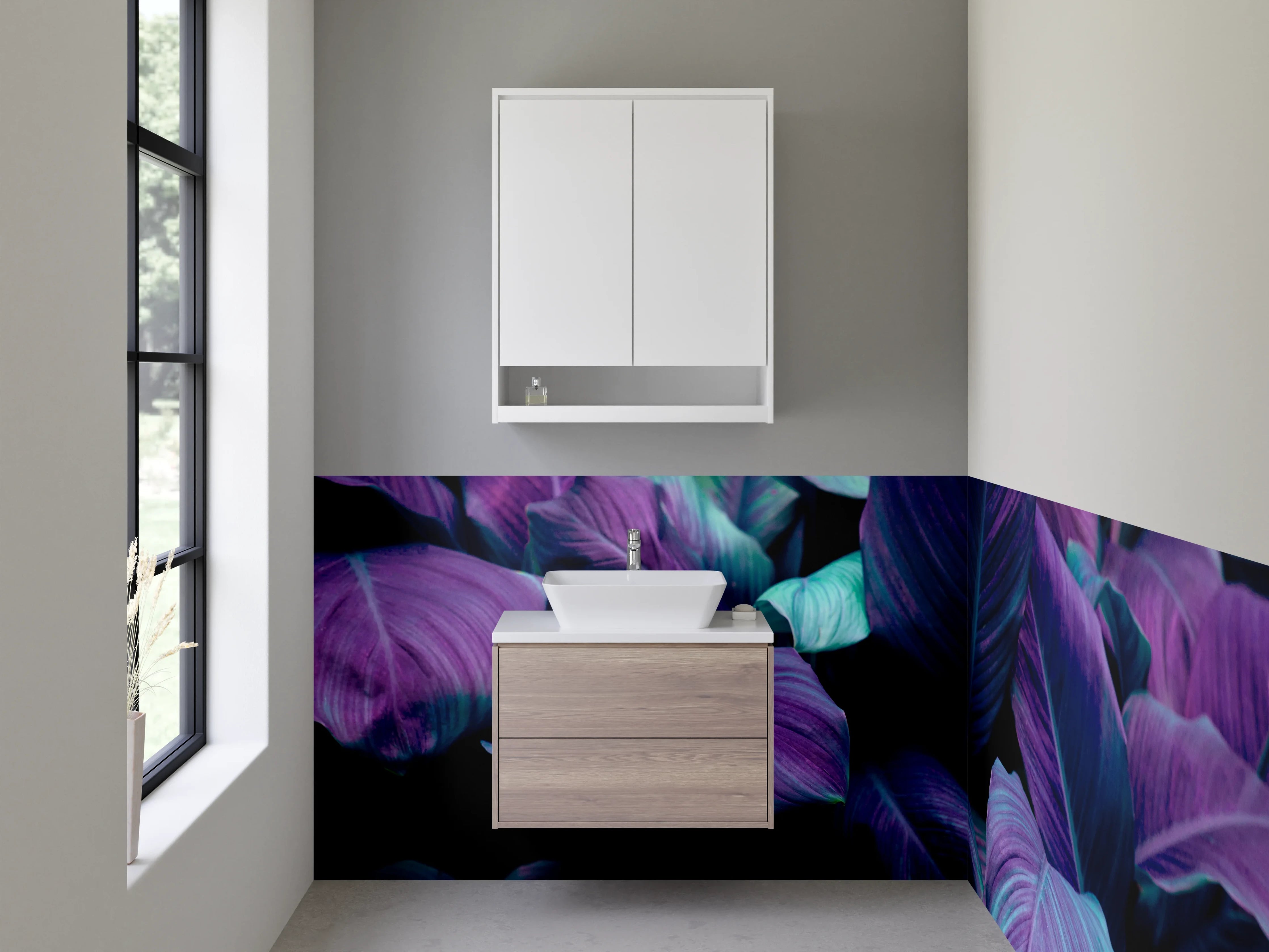 Waschbecken-Rückwand - Lila-grüne Tropenblätter Kunstfoto