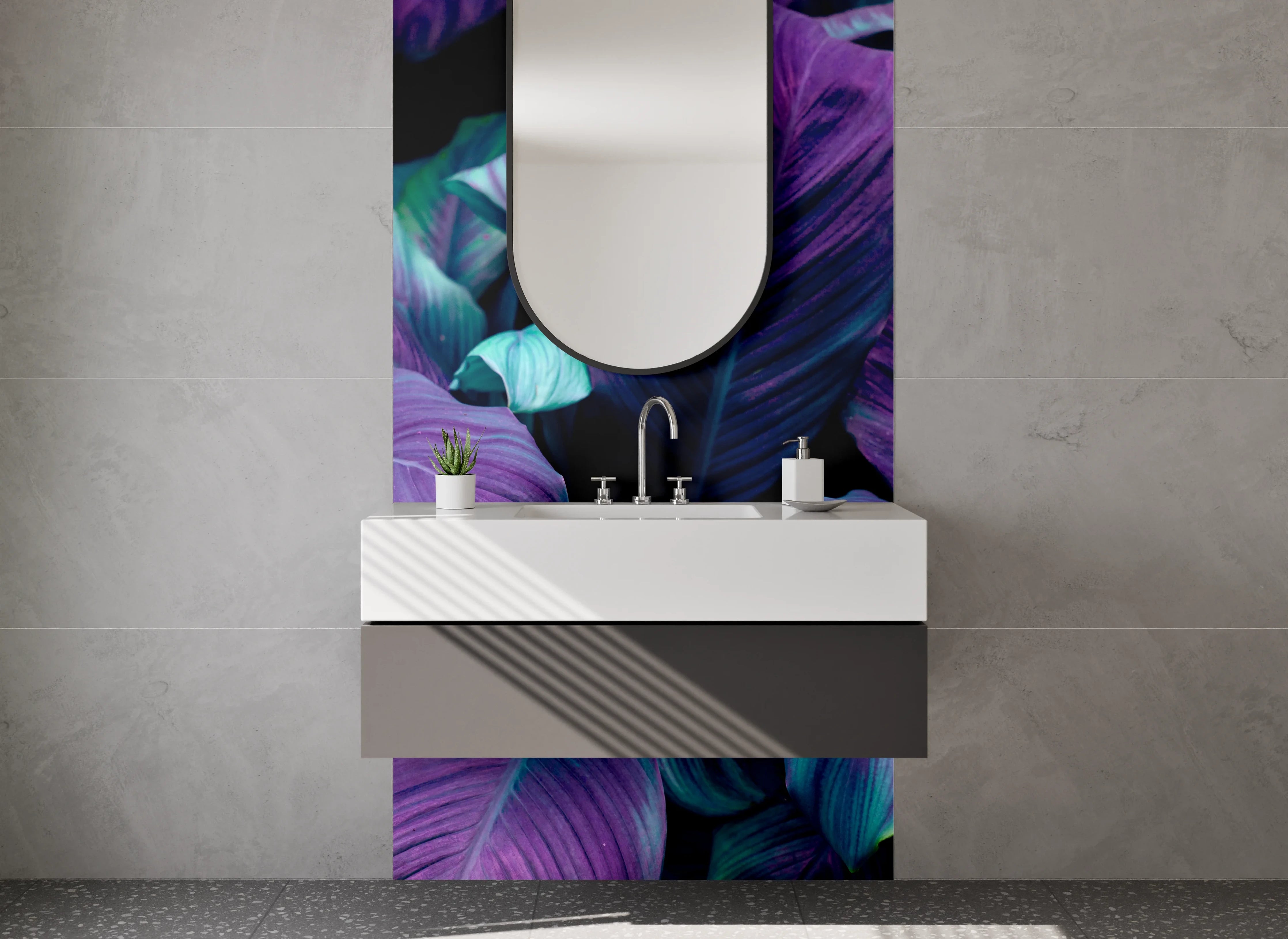 Waschbecken-Rückwand - Lila-grüne Tropenblätter Kunstfoto